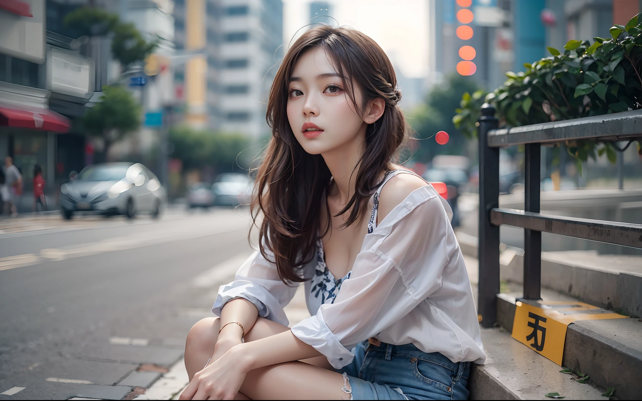 8k, top-quality, (pubic hair beauty)、hight resolution, realisticlying, realperson, Asian woman in araffa sitting on the curb of the street of the city, bra and shorts streetwear, photo of slim girl model, sexy girl wearing shorts, Sexy Girl, gorgeous chinese model, Beautiful Model Girl, Beautiful girl model, Beautiful Asian Girl, Chinese girl, Gorgeous young Korean woman, 2 4 years old female model, Sexy Pose, pretty face with arms and legs