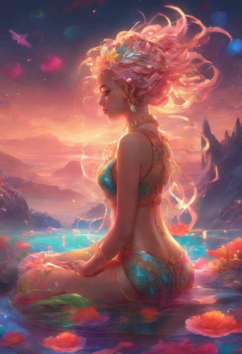 Beautiful girl, hair in a messy bun, wearing a sequin  set, (((heavy bust))), sitting in a swimming pool, heatwave, symmetrical eyes, symmetrical face, photorealistic, photography, path tracing, specular lighting, volumetric face light, path traced hair, visible shadows, shadow mapping, visible reflections, bright lush colours, concept art, highly detailed, illustration, bold colours, cinematic, masterpiece collection, volumetric lighting