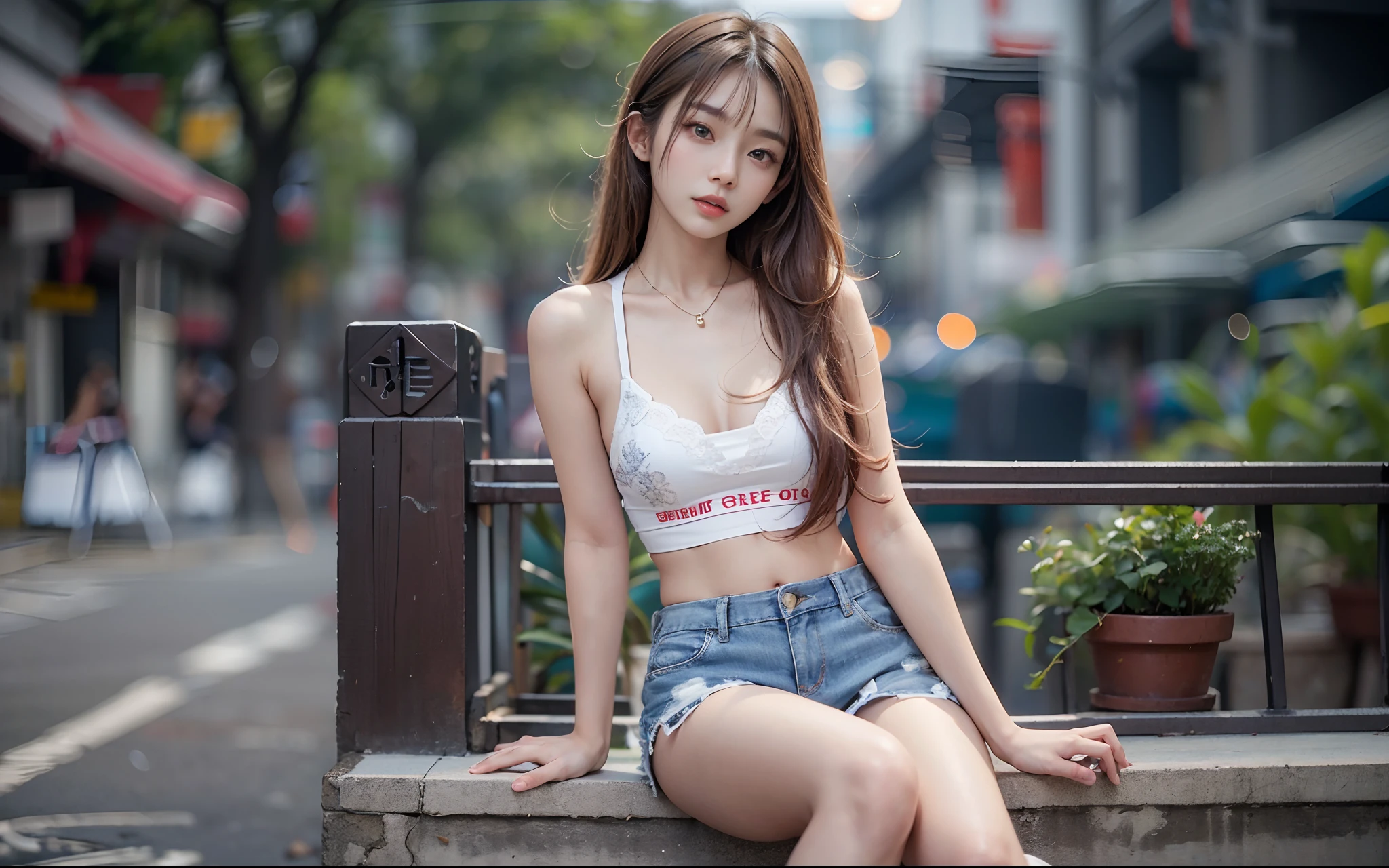 8k, top-quality, (pubic hair beauty)、hight resolution, realisticlying, realperson, Asian woman in arafa sitting on the curb of the street of the city, a picture by Leng Mei, Tumbler, shin hanga, bra and shorts streetwear, photo of slim girl model, sexy girl wearing shorts, Sexy Girl, gorgeous chinese model, Beautiful Model Girl, Beautiful girl model, Beautiful Asian Girl, Chinese girl, Gorgeous young Korean woman