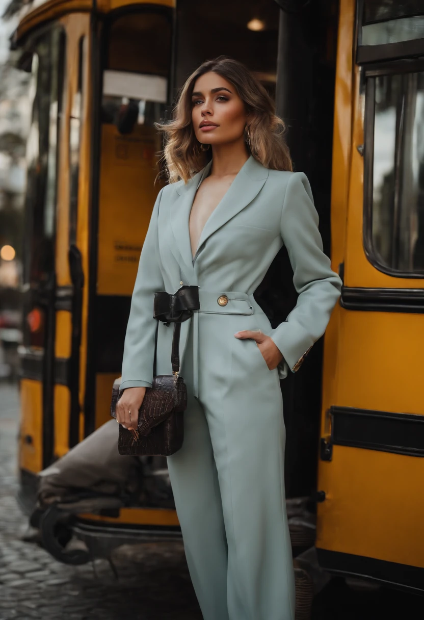 ((Realistic lighting, Best quality, 8K, Masterpiece: 1.3)), Clear focus: 1.2, 2girl, Perfect Figure: 1.4, Slim Abs: 1.1, ((short blonde bob hair)), (chic, tailored pantsuit and turtle neck: 1.4), Super fine face, Fine eyes, Double eyelids, woman is posing while sitting in a bus stop in a street, inspired by Gina Pellón, instagram, tachisme, violet myers, lorena avarez, olivia culpo, alanis guillen, looks like laura barriales, sophie mudd, tanned ameera al taweel, beautiful iranian woman, full body portrait