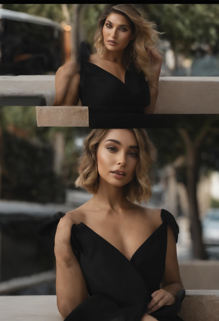 ((Realistic lighting, Best quality, 8K, Masterpiece: 1.3)), Clear focus: 1.2, 2girl, Perfect Figure: 1.4, Slim Abs: 1.1, ((short blonde bob hair)), (chic, tailored pantsuit and turtle neck: 1.4), Super fine face, Fine eyes, Double eyelids, woman is posing while sitting in a bus stop in a street, inspired by Gina Pellón, instagram, tachisme, violet myers, lorena avarez, olivia culpo, alanis guillen, looks like laura barriales, sophie mudd, tanned ameera al taweel, beautiful iranian woman, full body portrait
