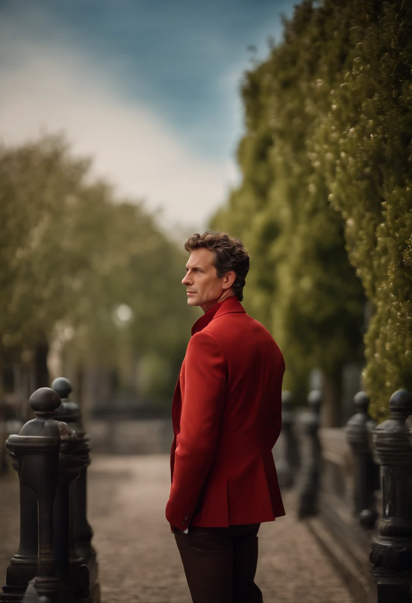 A handsom man in red, the style of patrick demarchelier. wearing a jacket, Tall and fit, (40 years old:1.1), (shaven:1.2), (short brown hair and a little curly:1.5),(very short hair:1.6). in the style of ethereal beauty, realistic blue skies, hasselblad 1600f, hyper-realistic portraiture, bold colors, dynamic lines, smooth and polished .