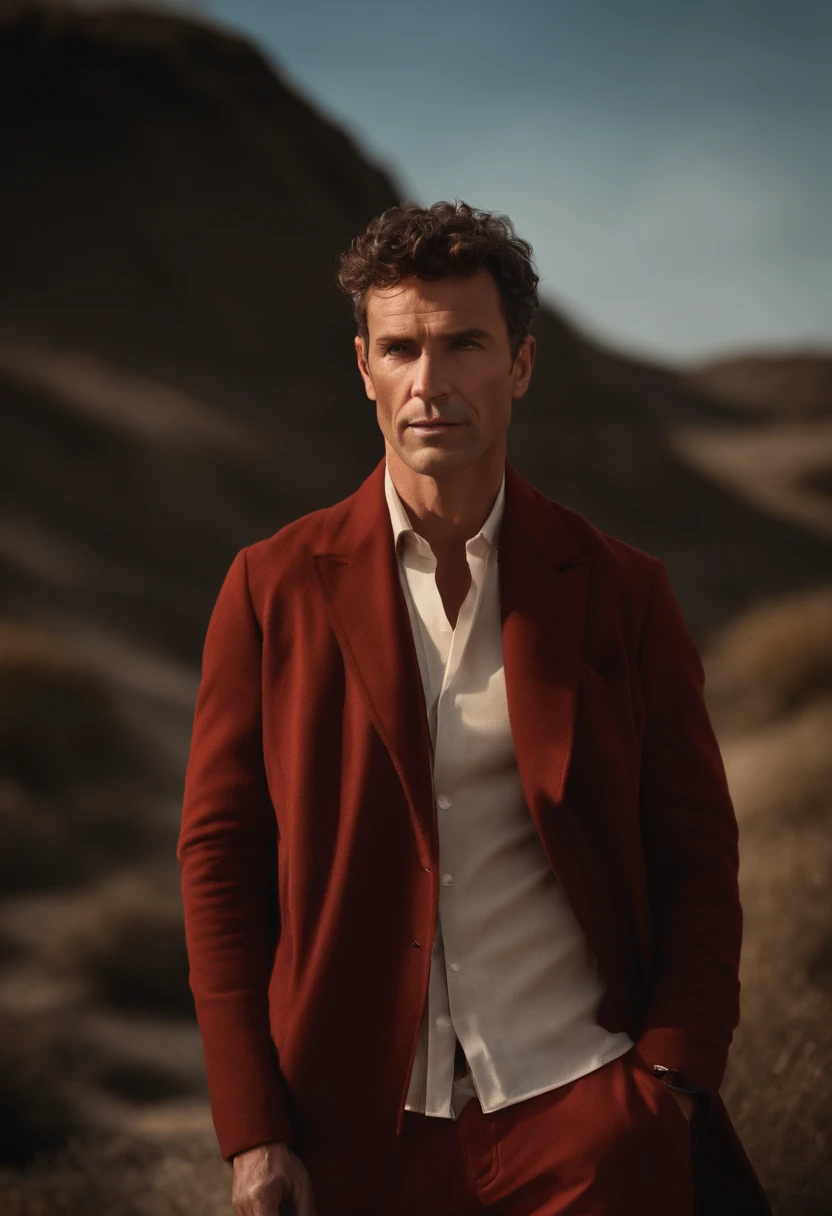 A handsom man in red, the style of patrick demarchelier. wearing a jacket, Tall and fit, (40 years old:1.1), (shaven:1.2), (short brown hair and a little curly:1.5),(very short hair:1.6). in the style of ethereal beauty, realistic blue skies, hasselblad 1600f, hyper-realistic portraiture, bold colors, dynamic lines, smooth and polished .