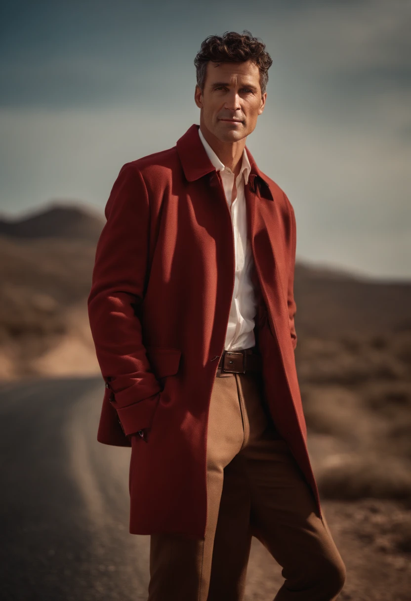 A handsom man in red, the style of patrick demarchelier. wearing a jacket, Tall and fit, (40 years old:1.1), (shaven:1.2), (short brown hair and a little curly:1.5),(very short hair:1.6). in the style of ethereal beauty, realistic blue skies, hasselblad 1600f, hyper-realistic portraiture, bold colors, dynamic lines, smooth and polished .