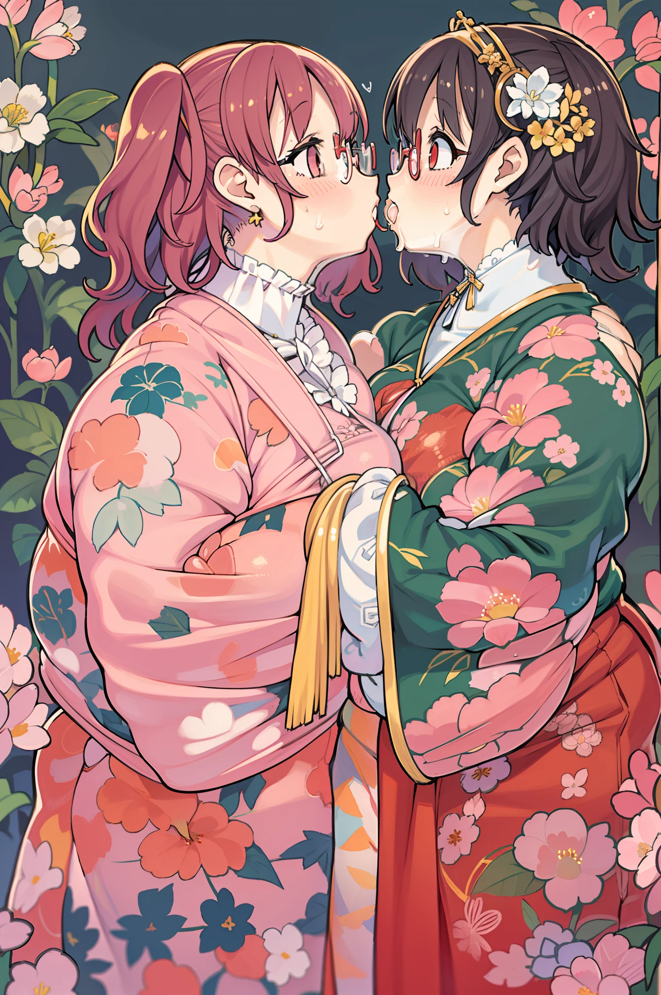Two-dimensional girl enjoying flowers、huge-breasted、big round glasses、bbw,Large Thigh、Two girls、embracing each other、Deep kissing、the kiss、lesbian、red blush