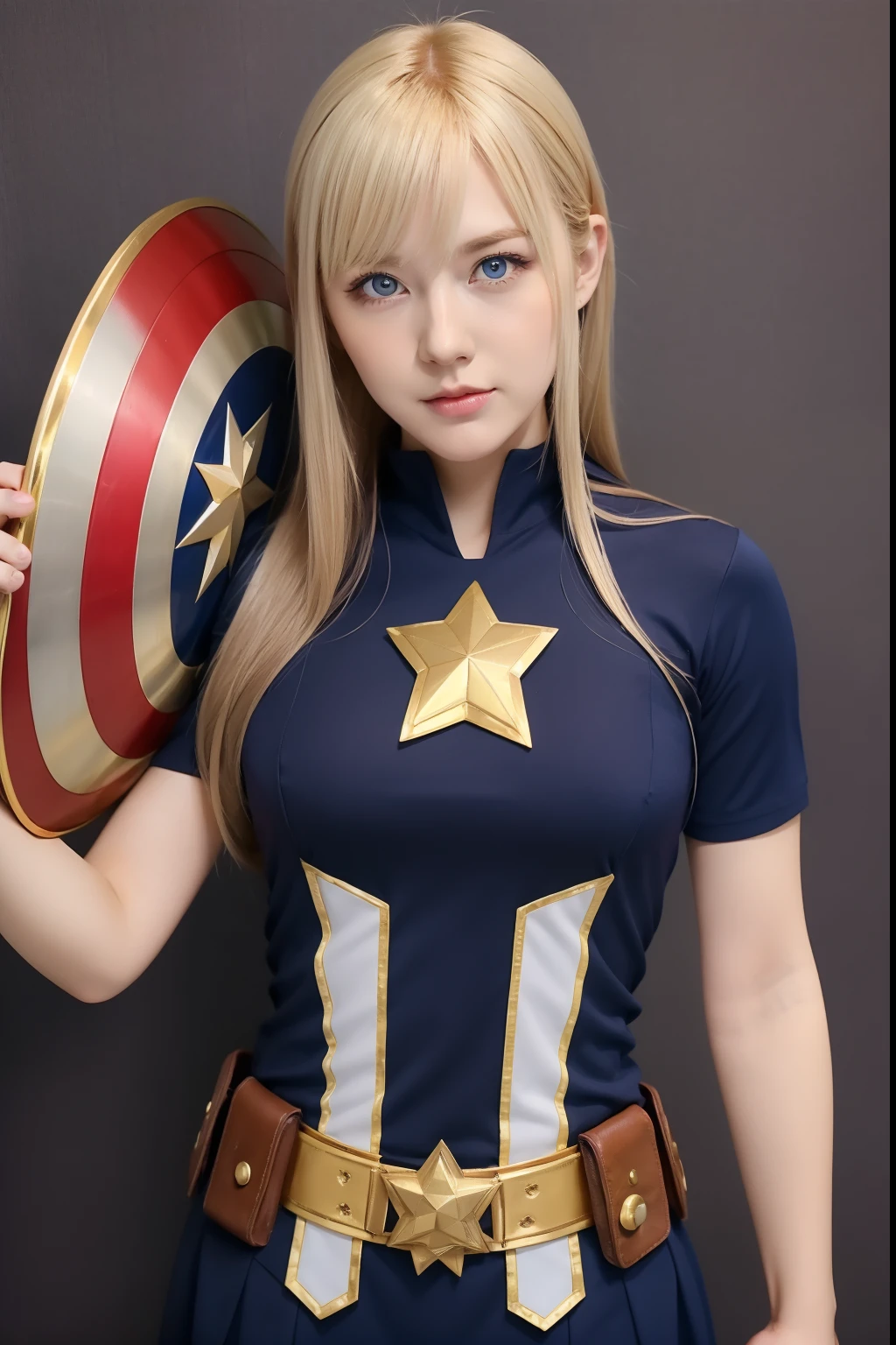 Woman cosplaying、Costume is gorgeous Captain America with navy and gold decorations、a blond、Blue eyes、semilong hairstyle