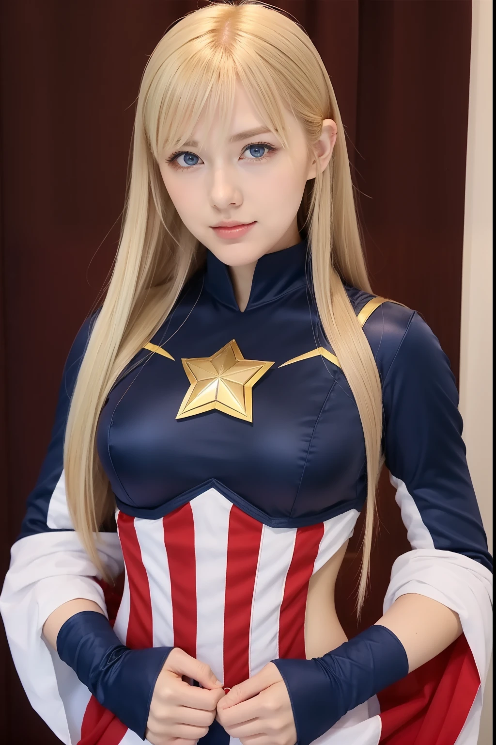 Woman cosplaying、Costume is gorgeous Captain America with navy and gold decorations、a blond、Blue eyes、semilong hairstyle