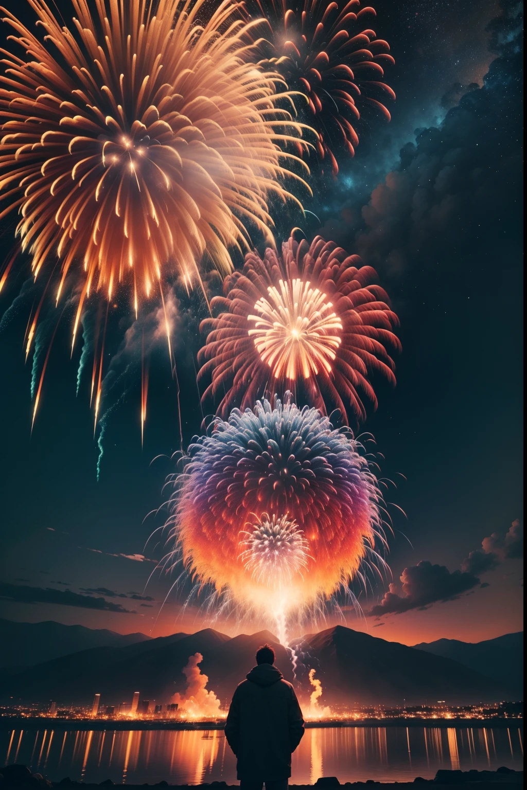A image of a spectacular fireworks show. Giant fireworks explode, forming a majestic phoenix [2]. Vibrant colors fill the sky, with cascades of red, yellow, and blue sparks illuminating the darkness [2]. The environment is a clear night sky, with stars twinkling in the background [3]. The mood is filled with excitement and wonder, as spectators watch in awe [4]. The atmosphere is electrifying, with the sound of explosions echoing in the air [4]. The camera captures the brilliance of the fireworks, using a high-speed shutter to freeze the explosions in mid-air [5]. The lens captures every detail, from the glowing embers to the trails of sparks [5]. The style settings enhance the vibrant colors, creating a surreal and dreamlike effect [5]. The scene is directed by a renowned fireworks designer, collaborated with a cinematographer known for capturing breathtaking landscapes [6].
