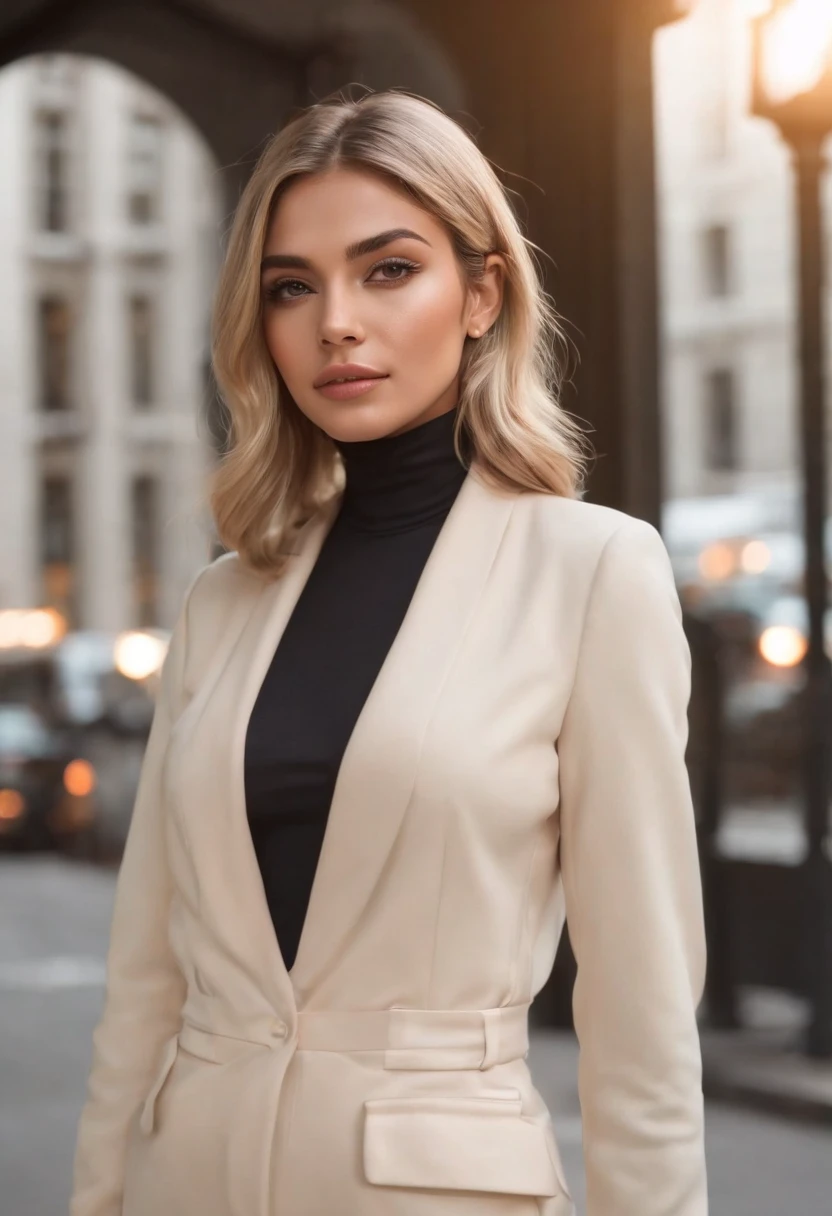 ((Realistic lighting, Best quality, 8K, Masterpiece: 1.3)), Clear focus: 1.2, 2girl, Perfect Figure: 1.4, Slim Abs: 1.1, ((short blonde bob hair)), (chic, tailored pantsuit and turtle neck: 1.4), Super fine face, Fine eyes, Double eyelids, woman is posing while sitting in a bus stop in a street, inspired by Gina Pellón, instagram, tachisme, violet myers, lorena avarez, olivia culpo, alanis guillen, looks like laura barriales,  sophie mudd, tanned ameera al taweel, beautiful iranian woman, full body portrait