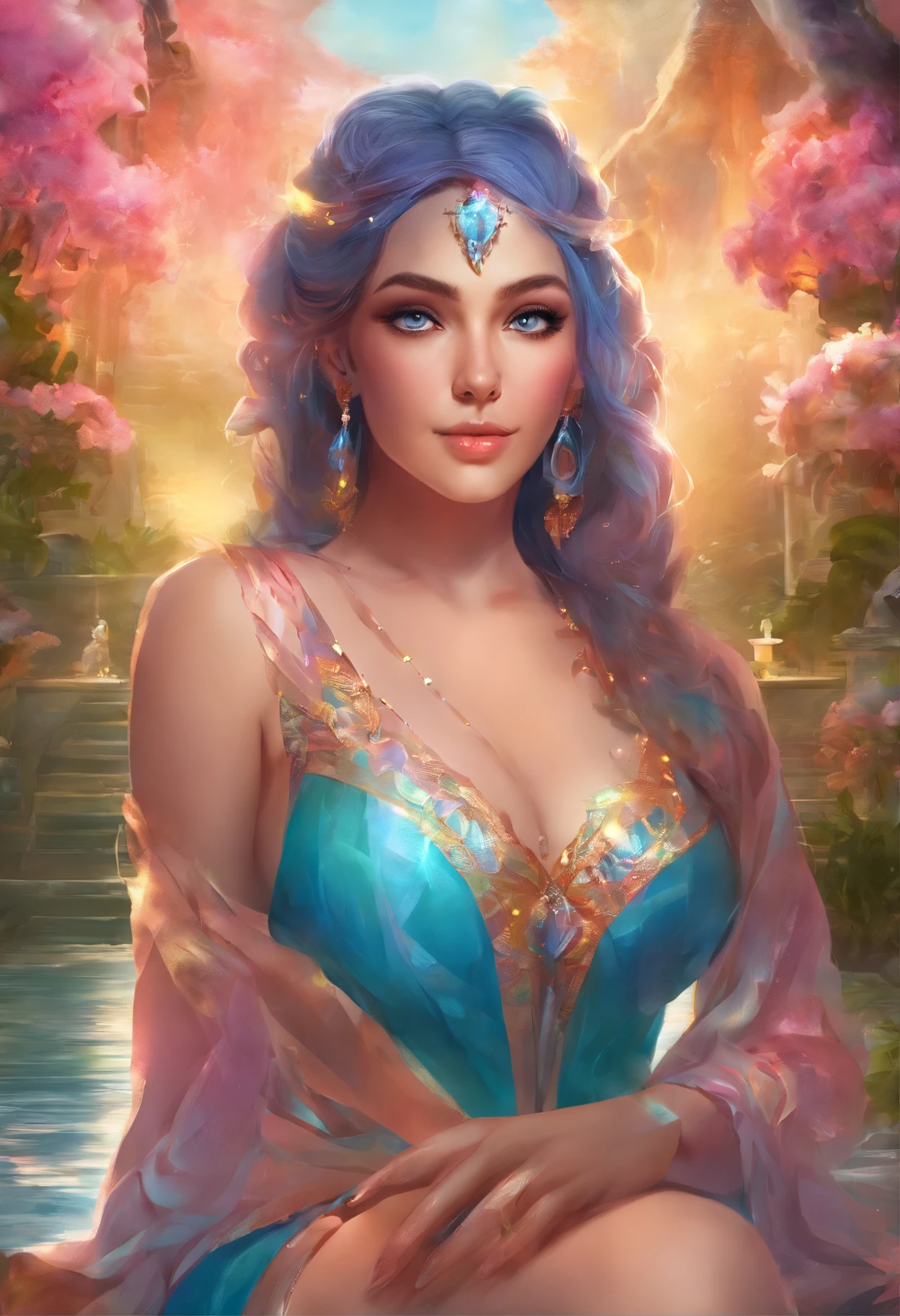 Beautiful girl, hair in a messy bun, wearing a sequin bikini set, (((heavy bust))), sitting in a swimming pool, heatwave, symmetrical eyes, symmetrical face, photorealistic, photography, path tracing, specular lighting, volumetric face light, path traced hair, visible shadows, shadow mapping, visible reflections, bright lush colours, concept art, highly detailed, illustration, bold colours, cinematic, masterpiece collection, volumetric lighting