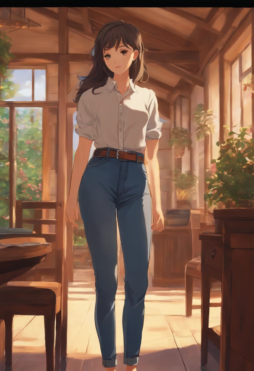 Girl wearing skinny jeans with a shirt without open T-shirt. Studio Ghibli anime.