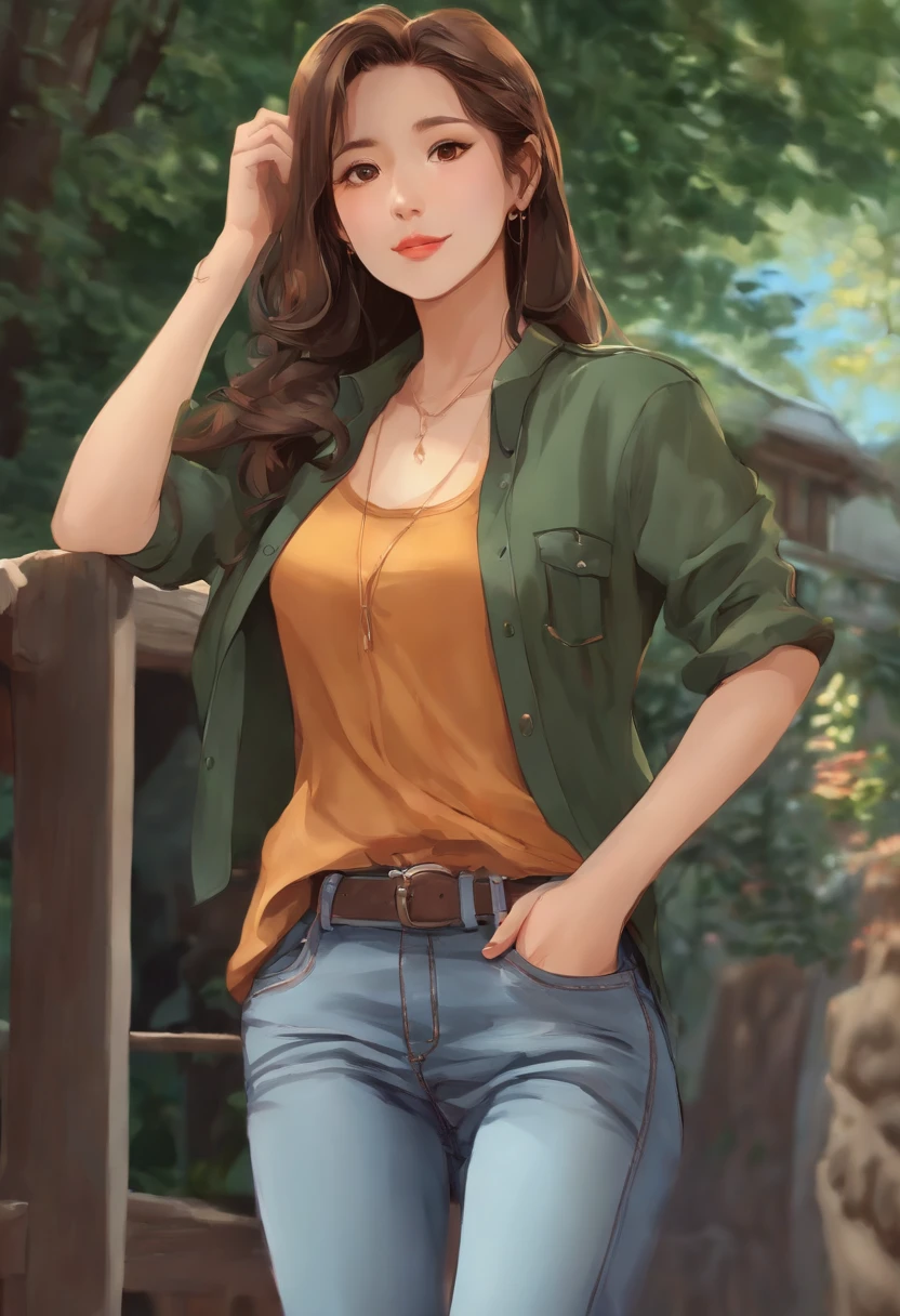 Girl wearing skinny jeans with a shirt without open T-shirt. Studio Ghibli anime.