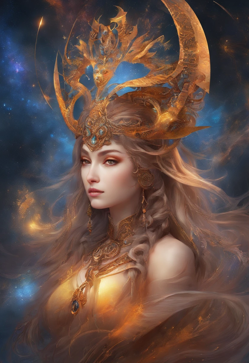 (best qualtiy,ultra - detailed,Most Best Illustration,Best shadow,tmasterpiece,A high resolution,professionalartwork,famousartwork),Detailed eyes,beautidful eyes,closeup cleavage,up body, sci-fy,colored sclera,Robot eyes,face markings,Tattooed with,(fractalized,Fractal eyes),largeeyes,Wide eyes,(Eye focus),sface focus,Cosmic eyes,Space eyes,Close-up of metal sculpture of a woman with a nebula in her hair,goddes。extremly high detail,3 d goddess portrait,Extremely detailed footage of the goddess,a stunning portrait of a goddess,Side image of the goddess,portrait of a beautiful goddess,Full body close-up portrait of the goddess,hecate goddess,portrait of a norse nebula goddess,goddess of space and time, center potrait, girl pose ( pinterest )