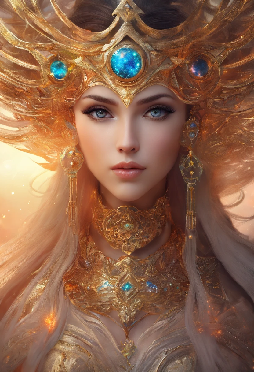 (best qualtiy,ultra - detailed,Most Best Illustration,Best shadow,tmasterpiece,A high resolution,professionalartwork,famousartwork),Detailed eyes,beautidful eyes,closeup cleavage,up body, sci-fy,colored sclera,Robot eyes,face markings,Tattooed with,(fractalized,Fractal eyes),largeeyes,Wide eyes,(Eye focus),sface focus,Cosmic eyes,Space eyes,Close-up of metal sculpture of a woman with a nebula in her hair,goddes。extremly high detail,3 d goddess portrait,Extremely detailed footage of the goddess,a stunning portrait of a goddess,Side image of the goddess,portrait of a beautiful goddess,Full body close-up portrait of the goddess,hecate goddess,portrait of a norse nebula goddess,goddess of space and time, center potrait, girl pose ( pinterest ), dark suits