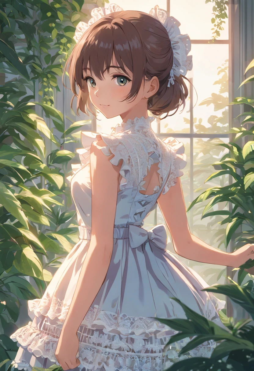 1girl, bare_shoulders, blush, brown_hair, clothes_lift, dress, dress_lift, flower, gloves, green_eyes, hair_flower, hair_ornament, lifted_by_self, looking_back, otoko_no_ko, short_hair, skirt_hold, solo, wedding_dress, white_gloves