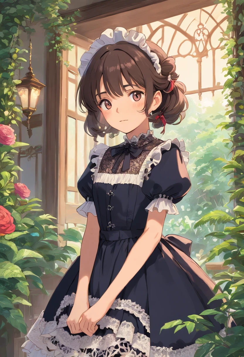 1girl,frill gothic ta, dress, (lace:1.4),dynamic pose,(face close up:0.9),indoors,plants,