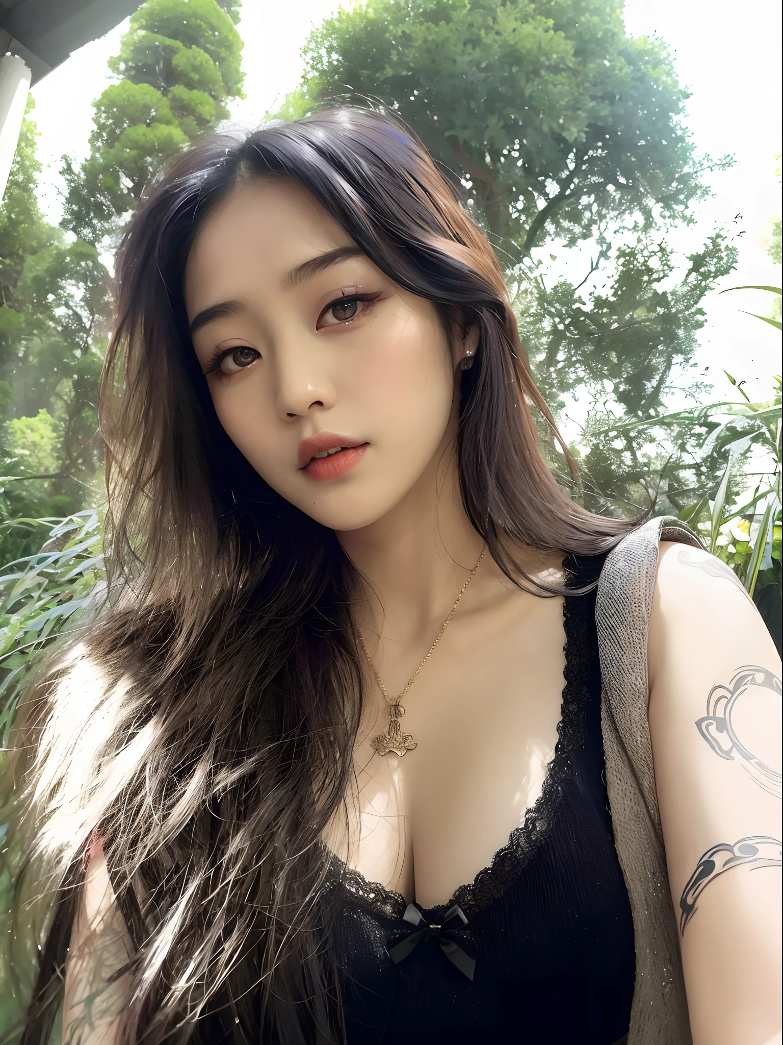 araffed asian woman with a tattoo on her arm and shoulder, dilraba dilmurat, with long hair and piercing eyes, xision wu, beautiful asian girl, xintong chen, wenfei ye, a young asian woman, 18 years old, gemma chen, 21 years old, 2 2 years old, gorgeous female jade tailor, lulu chen