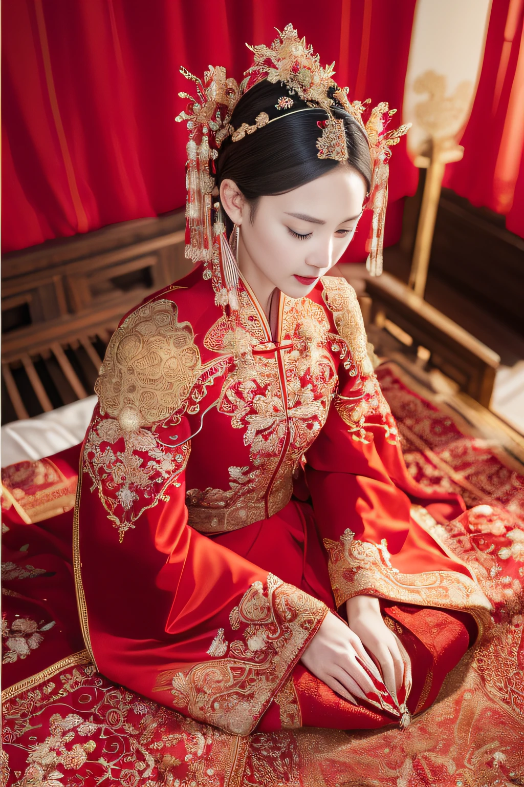 (ultra realistic 8k CG:1.2),perfect artwork,delicate pattern,intricate detail, (unparalleled masterpiece,best quality:1.2),(extremely intricate:1.2),a woman in a red and gold dress, Phoenix crown,hair stick,(sitting on red bed),Cosmetic,blush,shy,black_hair, looking down, Cosmetic,(forehead dot),(2 red candles), chinese_clothes, curtains, earrings, hair_ornament, hanfu, indoors, jewelry, red nails, long_sleeves, red dress, red lips, tassel, (Red quilt),(red palace:1.2),(ancient Chinese architecture),(red:1.8),night
