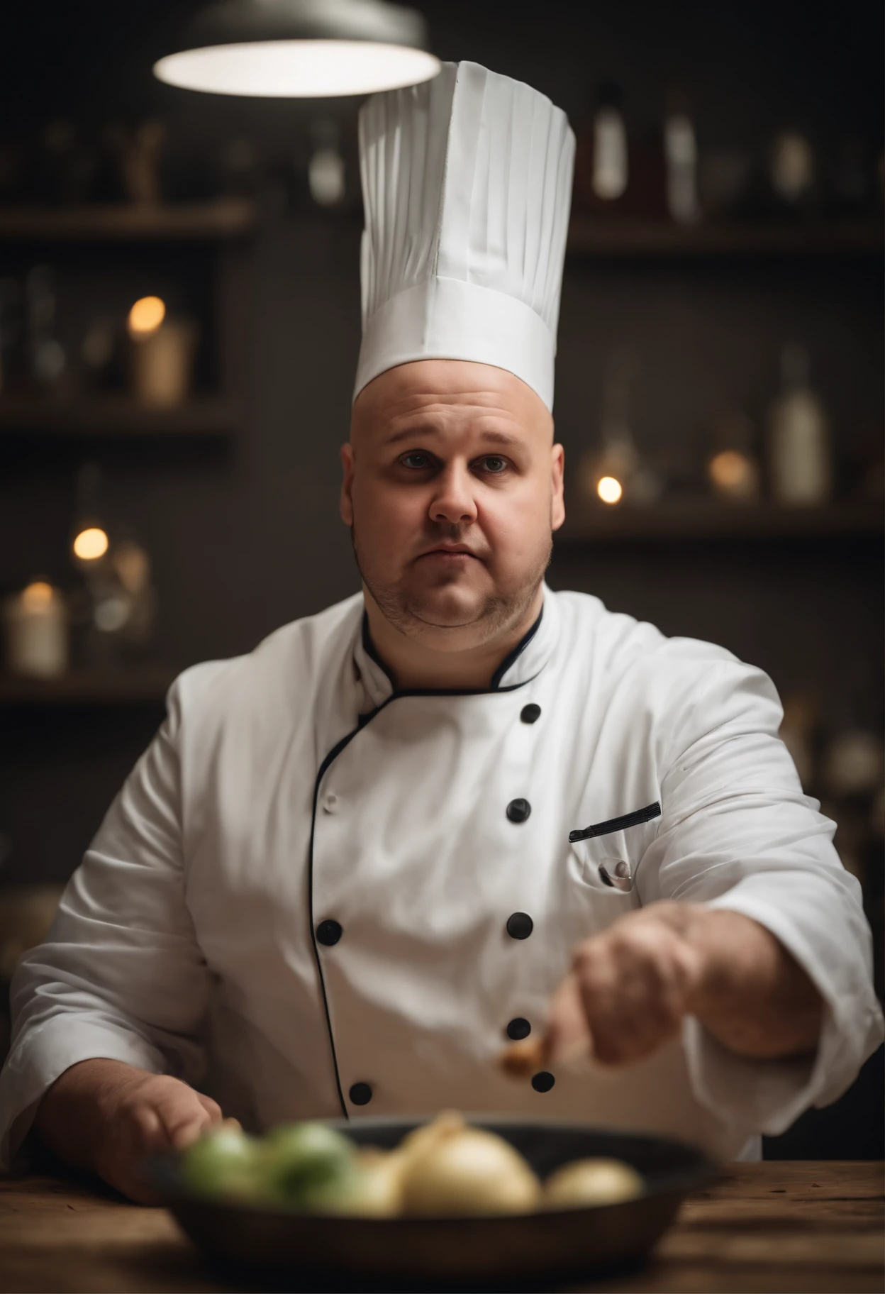Obese Central European bald chef. He threw an onion into the air and jumped over it with a sharp long knife.