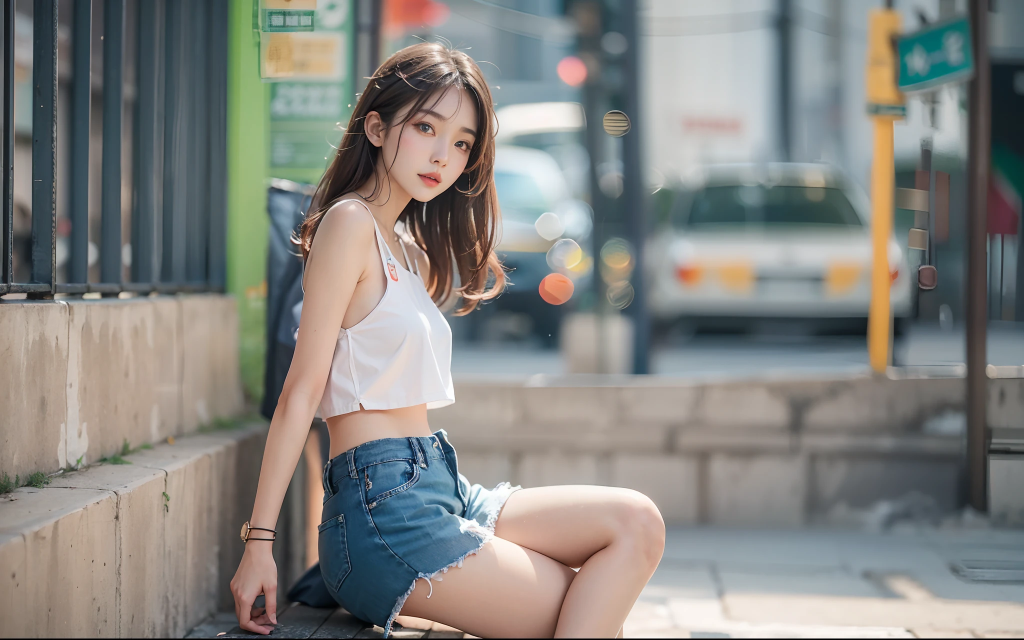 8k, top-quality, (pubic hair beauty)、hight resolution, realisticlying, realperson, Asian woman in arafa sitting on the curb of the street of the city, a picture by Leng Mei, Tumbler, shin hanga, bra and shorts streetwear, photo of slim girl model, sexy girl wearing shorts, Sexy Girl, gorgeous chinese model, Beautiful Model Girl, Beautiful girl model, Beautiful Asian Girl, Chinese girl, Gorgeous young Korean woman