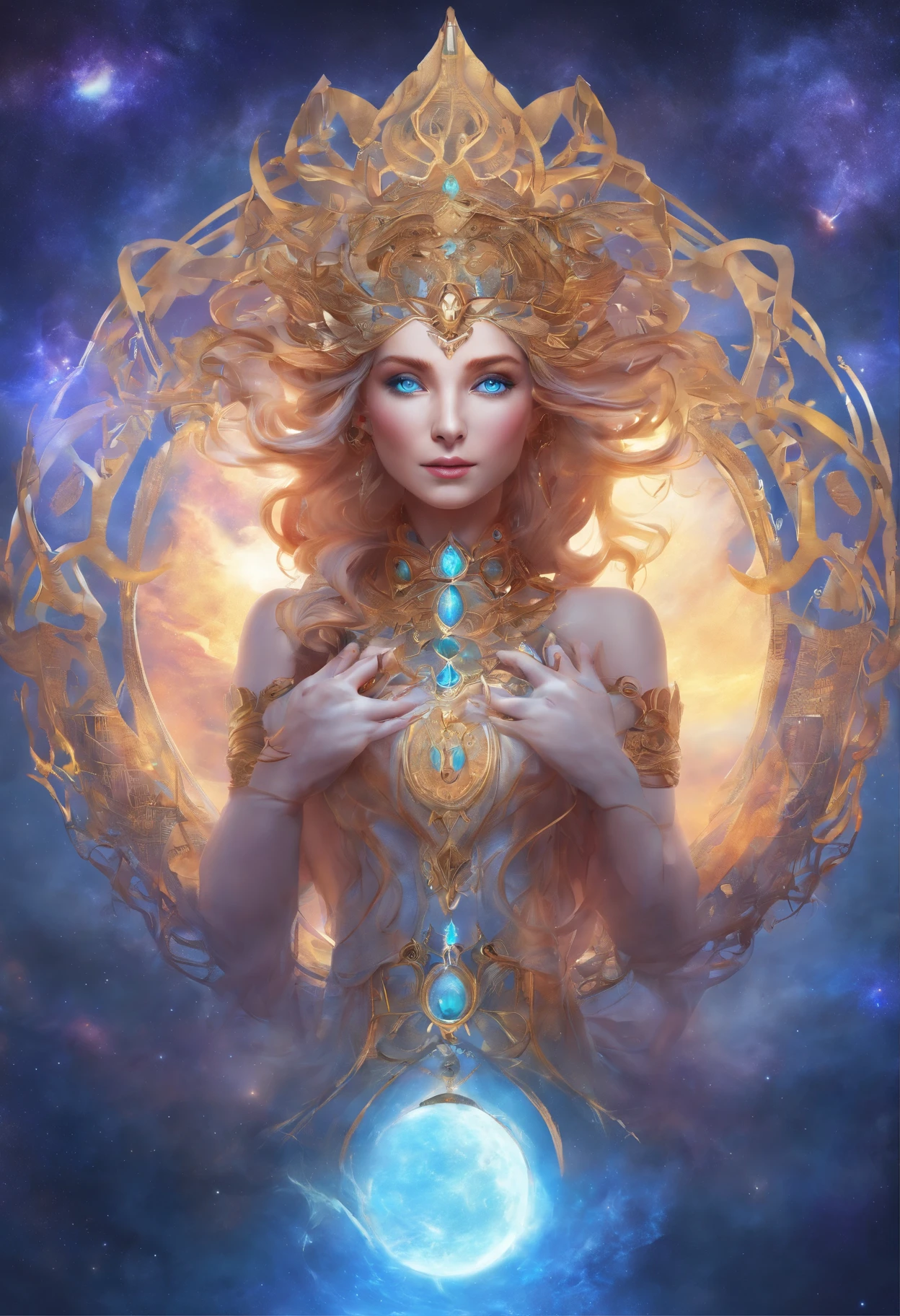 (best qualtiy,ultra - detailed,Most Best Illustration,Best shadow,tmasterpiece,A high resolution,professionalartwork,famousartwork),Detailed eyes,beautidful eyes,closeup cleavage,up body, sci-fy,colored sclera,Robot eyes,face markings,Tattooed with,(fractalized,Fractal eyes),largeeyes,Wide eyes,(Eye focus),sface focus,Cosmic eyes,Space eyes,Close-up of metal sculpture of a woman with a nebula in her hair,goddes。extremly high detail,3 d goddess portrait,Extremely detailed footage of the goddess,a stunning portrait of a goddess,Side image of the goddess,portrait of a beautiful goddess,Full body close-up portrait of the goddess,hecate goddess,portrait of a norse nebula goddess,goddess of space and time, center potrait, girl pose ( pinterest )