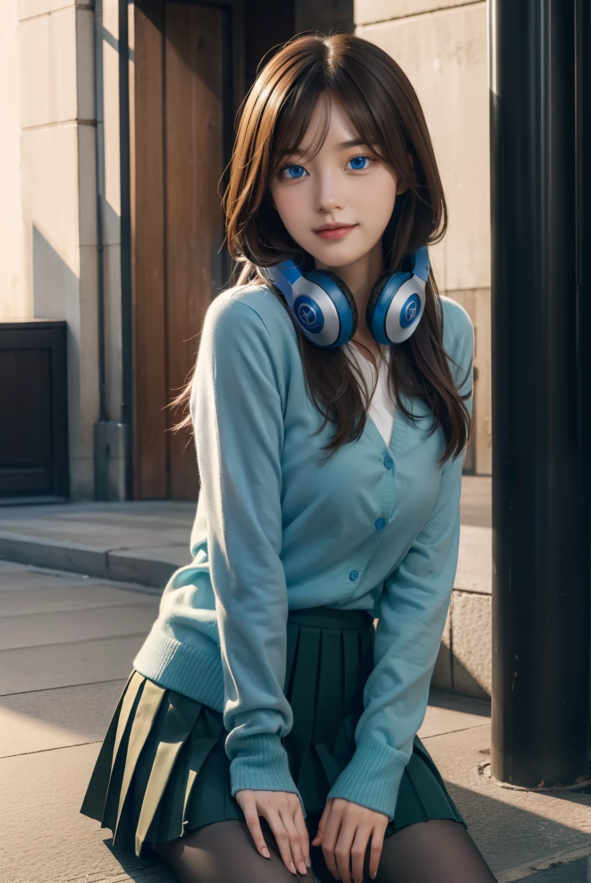 mikunakano, miku nakano, long hair, bangs, blue eyes, brown hair, shirt, hair between the eyes, headphones, cardigan, headphones around the neck, BREAK skirt, shirt, long sleeve, white shirt, pantyhose, pleated skirt, black pantyhose, cardigan, green skirt, blue cardigan, BREAK indoors, on the street, sit, smile BREAK looks at the viewer, BREAK (masterpiece:1.2), best quality, high resolution, unity 8k wallpaper, (illustration:0.8), (beautiful detailed eyes:1.6), very detailed face, perfect lighting, very detailed CG, ( perfect hands, perfect anatomy),