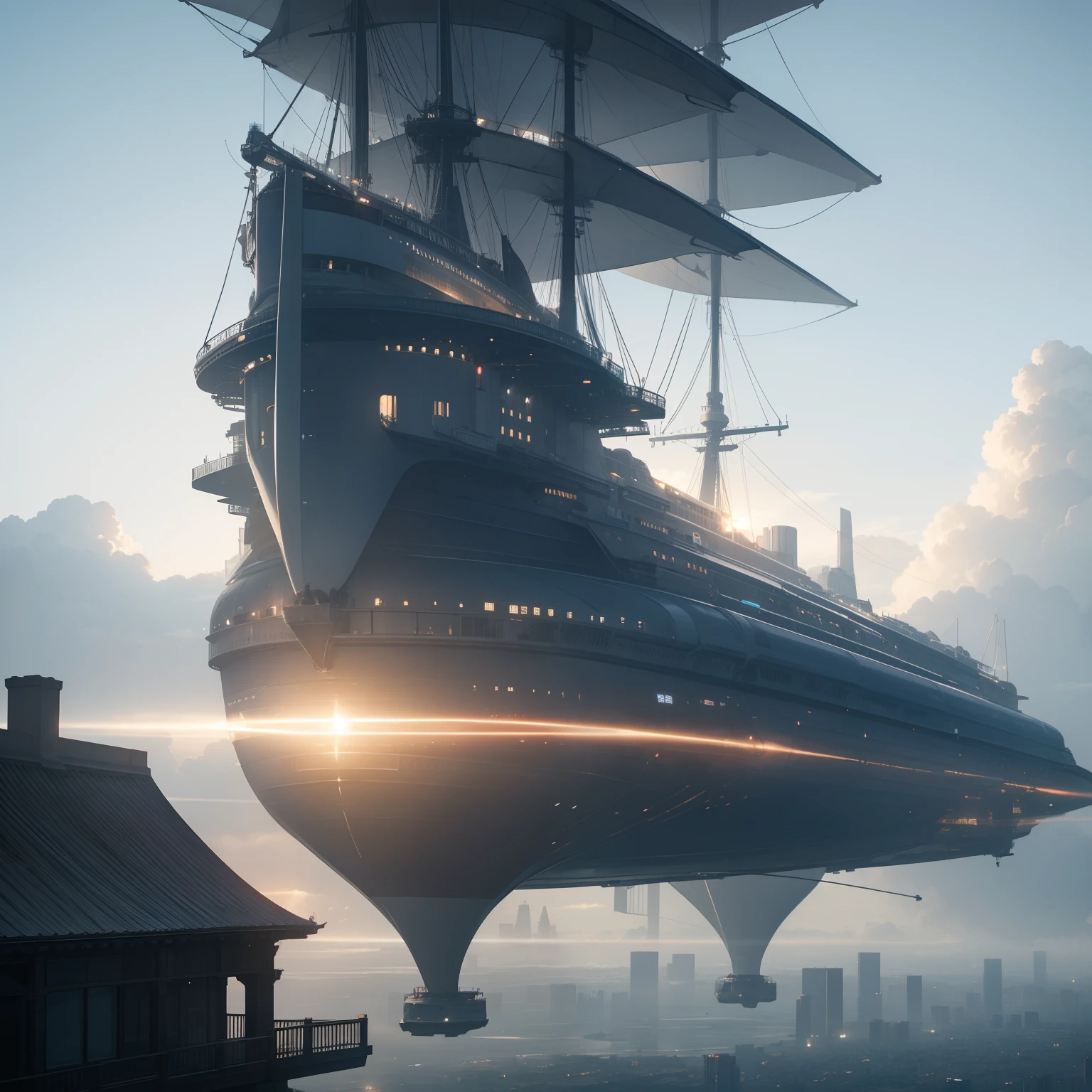 city of the future、The big airship of the future、Beautiful fog、cloudiness、dark ilumination、best quality,masterpiece,