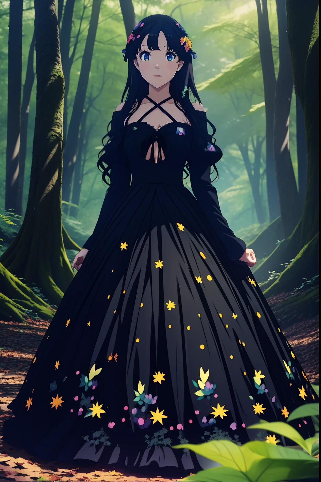 anime girl in a black dress standing in a forest, anime moe artstyle, hanayamata, beautiful sunflower anime girl, anime girl wearing a black dress, anime wallaper, anime style 4 k, anime lush john 8k woods, with glowing yellow eyes, yellow radiant magic, anime best girl, high definition anime art, beautiful fantasy anime