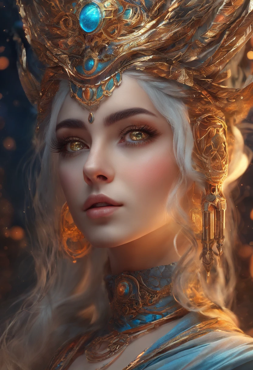 (best qualtiy,ultra - detailed,Most Best Illustration,Best shadow,tmasterpiece,A high resolution,professionalartwork,famousartwork),Detailed eyes,beautidful eyes,closeup cleavage,up body, sci-fy,colored sclera,Robot eyes,face markings,Tattooed with,(fractalized,Fractal eyes),largeeyes,Wide eyes,(Eye focus),sface focus,Cosmic eyes,Space eyes,Close-up of metal sculpture of a woman with a nebula in her hair,goddes。extremly high detail,3 d goddess portrait,Extremely detailed footage of the goddess,a stunning portrait of a goddess,Side image of the goddess,portrait of a beautiful goddess,Full body close-up portrait of the goddess,hecate goddess,portrait of a norse nebula goddess,goddess of space and time, center potrait, girl pose ( pinterest ), dark suits