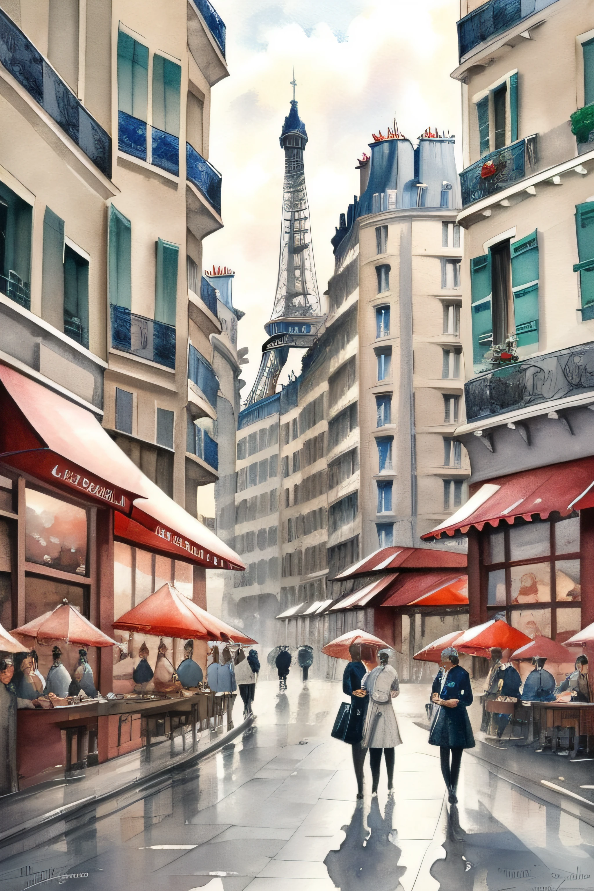 white and black painting of a city with a busy street, in the style of contemporary collage, (( Paris )), street caffee, peoples, , album covers, fluid, high detailed, masterpiece of watercolor painting, relief, Very detailed.