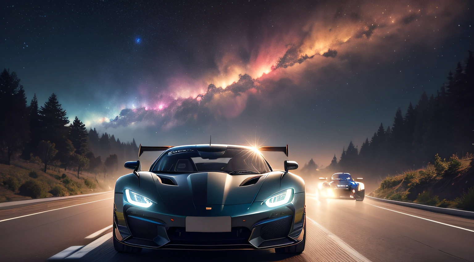 (Masterpiece, Best Quality), High Resolution, (8K Resolution), (Ultra Detailed), The picture depicts a car track suspended in the starry sky, two racing cars are speeding towards the camera, super sports car, plasma engine, colorful planets and nebulae in the background, hyper-realistic, more detailed, low saturation, realism, photo texture