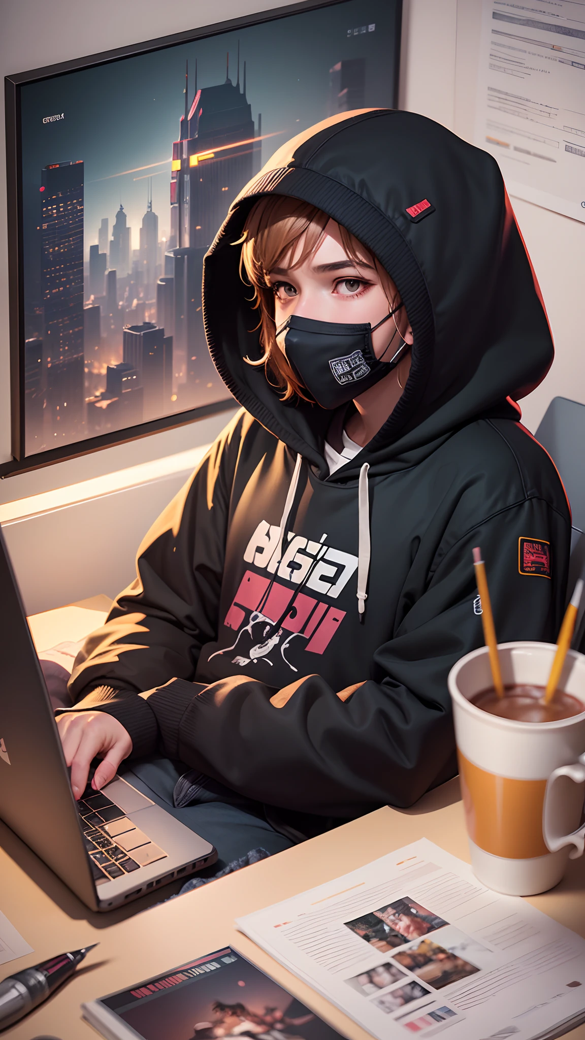 Portrait, high angle, detailed illustration of a light skinned boy wearing a hoodie, his face covered with a mask,sitting in his nicely setup apartment, laptop placed in front of him, soft lighting, dark cinematic background, Minecraft posters on wall, sharp focus, sitting, black hoodie, 2D, character illustration, lo-fi style, studio Ghibli style, vector art, fantasy art, Adobe illustrator, hand-painted, digital painting, low polygon, 8k resolution, using cinema 4D, using clip studio paintpaint, --auto --s2
