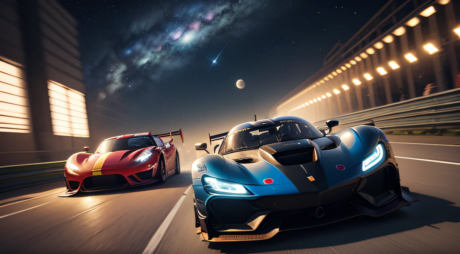 (Masterpiece, Best Quality), High Resolution, (8K Resolution), (Ultra Detailed), The picture depicts a car track suspended in the starry sky, two racing cars are speeding towards the camera, super sports car, plasma engine, colorful planets and nebulae in the background, hyper-realistic, more detailed, low saturation, realism, photo texture