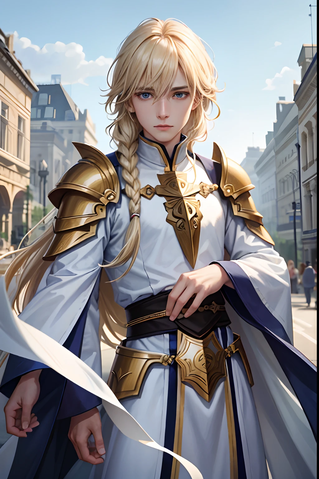 （mtu，Humanity，holy paladin，独奏，paleskin，Wear white armor），（Man with long blonde hair，Single twist braid，By bangs，hair between eye），（blue-eyed man），（In Westminster），（ detailed anime character art, Masterpiece，Male Paladin high quality character design,,epic exquisite  character art,blond hairbl, Complicated details,）