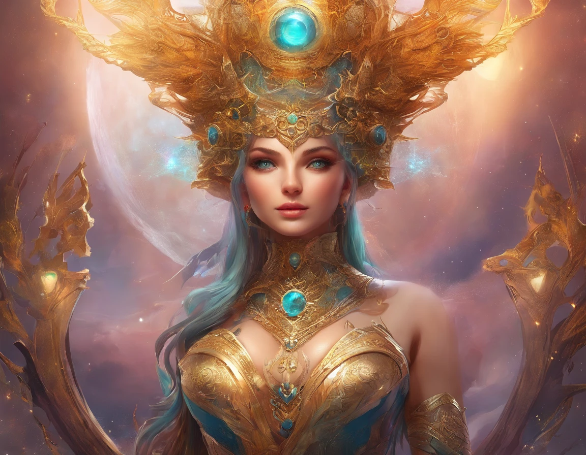 a woman with a large headpiece and a blue dress, psytrance artwork, similar to the bifrost, art station front page, warm color scheme art rendition, john stephens, golden edges and fractals, cyborg noble woman, lava and fire goddess, female goddess, artistic render, panoramic view of girl --auto --s2