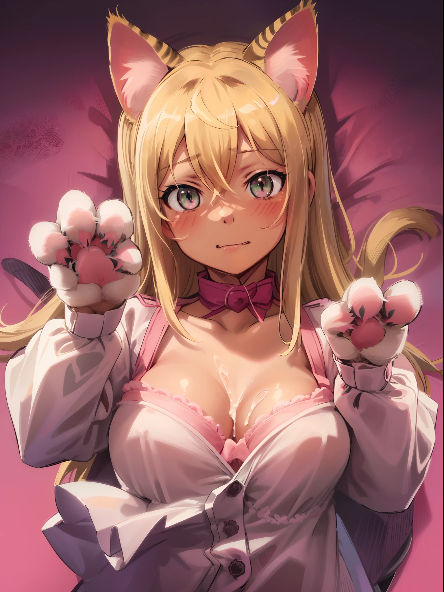 Hibiki Sakura, blushed, ((upper body)), masterpiece, ((cum on face)), best quality, ((bra)), cum on breasts, (((submissive look))), (cat ears), collared, (((((cat paws, cat like paws))))),