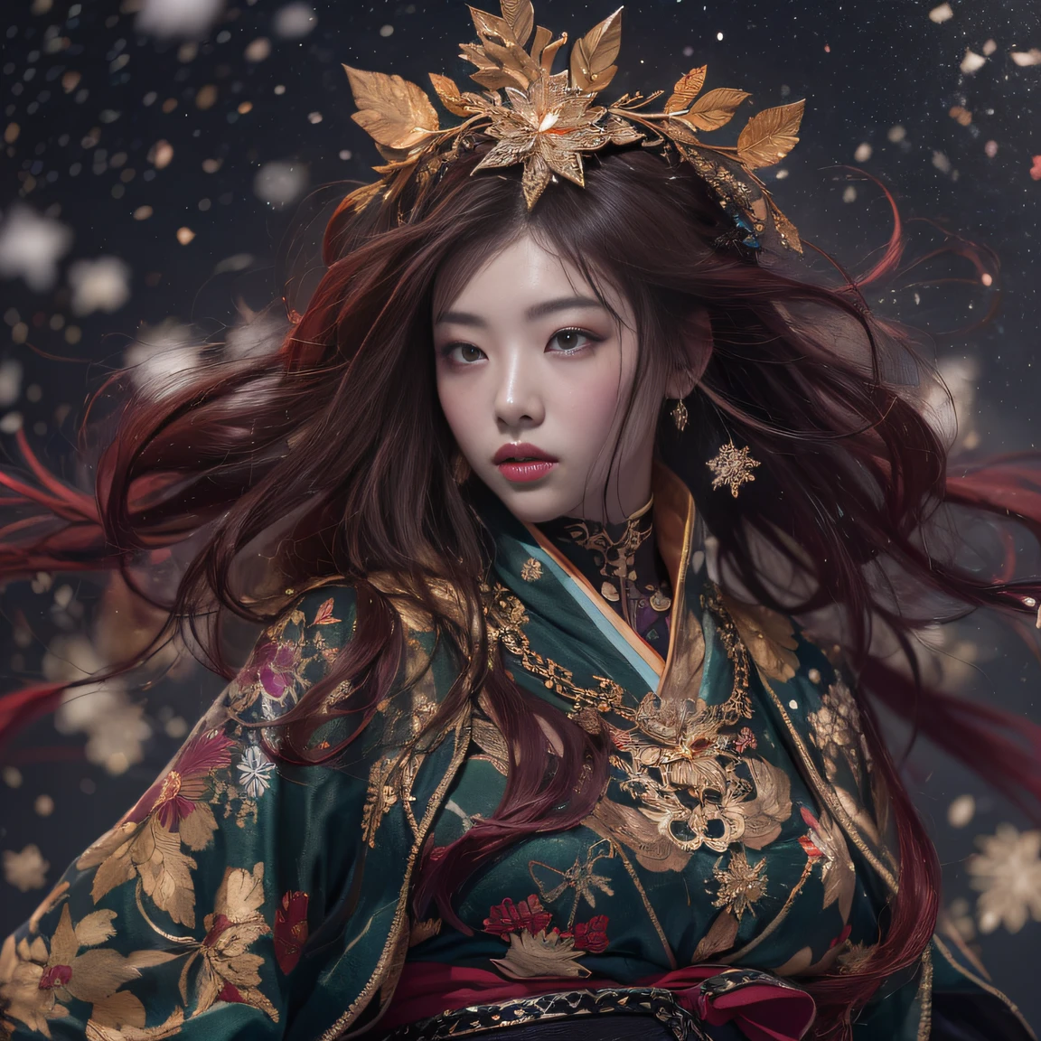 32K gradient glass texture(tmasterpiece,k hd,hyper HD,32K)Short burgundy hair,Short flowing hair,Onsen District,Flame Girl ,Yao Lang protector (realisticlying:1.4),Python pattern robe,Black gold master Kawashima work headdress,Snowflakes fluttering,The background is pure,Hold your head high,Be proud,The nostrils look at people, A high resolution, the detail, RAW photogr, Sharp Re, Nikon D850 Film Stock Photo by Jefferies Lee 4 Kodak Portra 400 Camera F1.6 shots, Rich colors, ultra-realistic vivid textures, Dramatic lighting, Unreal Engine Art Station Trend, cinestir 800,Hold your head high,Be proud,The nostrils look at people,Short burgundy hair