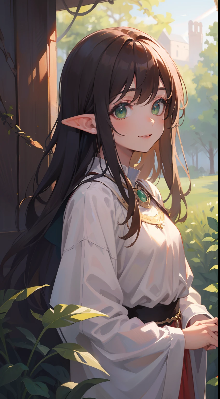 (masterpiece), (best quality), ultra high res, cold pastel tone, upper body, dutch shot, (from ground), lens flare, (medieval theme:1.2), ((1 mature woman, solo)), very stunning and gorgeous mature woman, beautiful detailed hair, chestnut brown hair, smooth long hair, beautiful detailed face, perfect beautiful face, wood elf, (elf ears), ((beautiful shape eyes, green eyes)), look at the viewer, smiles, comfortable face, standing in the woods, (at the night time:1.2), medieval renaissance dress