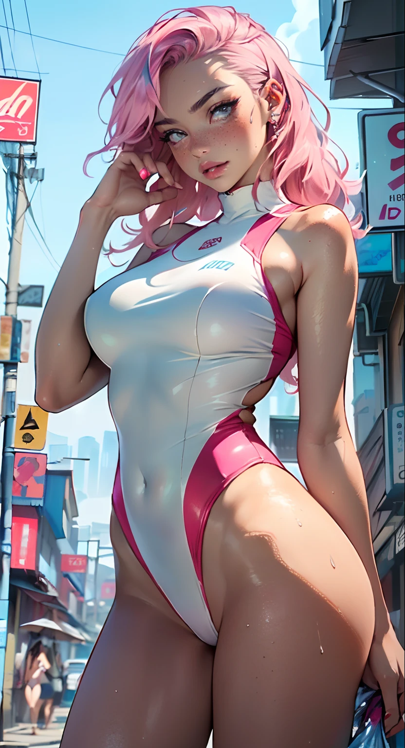 sporty girl,(((1girl))),((girl with bubblegum pink hair and freckles,extremely cute and gorgeous)),

(large breasts:1.4),saggy breasts,(((bubblegum pink hair:1.35,straight hair,long hair:1.4,colored inner hair,ear breathing))),((heterochromia:1.5,eye1 pink,eye2 azul,perfect eyes,upturned eyes:1.3,beautiful detailed eyes,finely detailed beautiful eyes:1,big highlight on eyes:1.2,slanted eyes)),((fat)),(((freckles on the face,freckles,freckled girl))),(((lustrous skin:1.5,bright skin: 1.5,skin tanned,shiny skin,very shiny skin,shiny body,plastic glitter skin,exaggerated shiny skin,illuminated skin, wet legs))),(spider lower abdomen,narrow waist,wide hip,athletic body,inflated legs,delicate detailed fingers,detailed body,human hands,(detailed face)),

cute,slutty,seductive,erotic,(((nsfw))),

((one-piece_swimsuit white , pink accents, wearing a one-piece_swimsuit outfit:1.3, white swimsuit:1.3)),((wet clothes,detailed outfit,detailed clothes)),

(dynamic pose:1.0),embarrassed,(centered,scale to fit dimensions,Rule of thirds),

cyberpunk city by the ocean at night, with bright neon signs and dark stormy clouds and puddles,

High resolution, sharp focus, (ultra detailed, extremely detailed), (photorealistic artwork:1.37), 8k wallpaper,((synthwave background theme)),(((vibrant colors,))),(intricate),masterpiece,(best quality),synthwave neon colors,