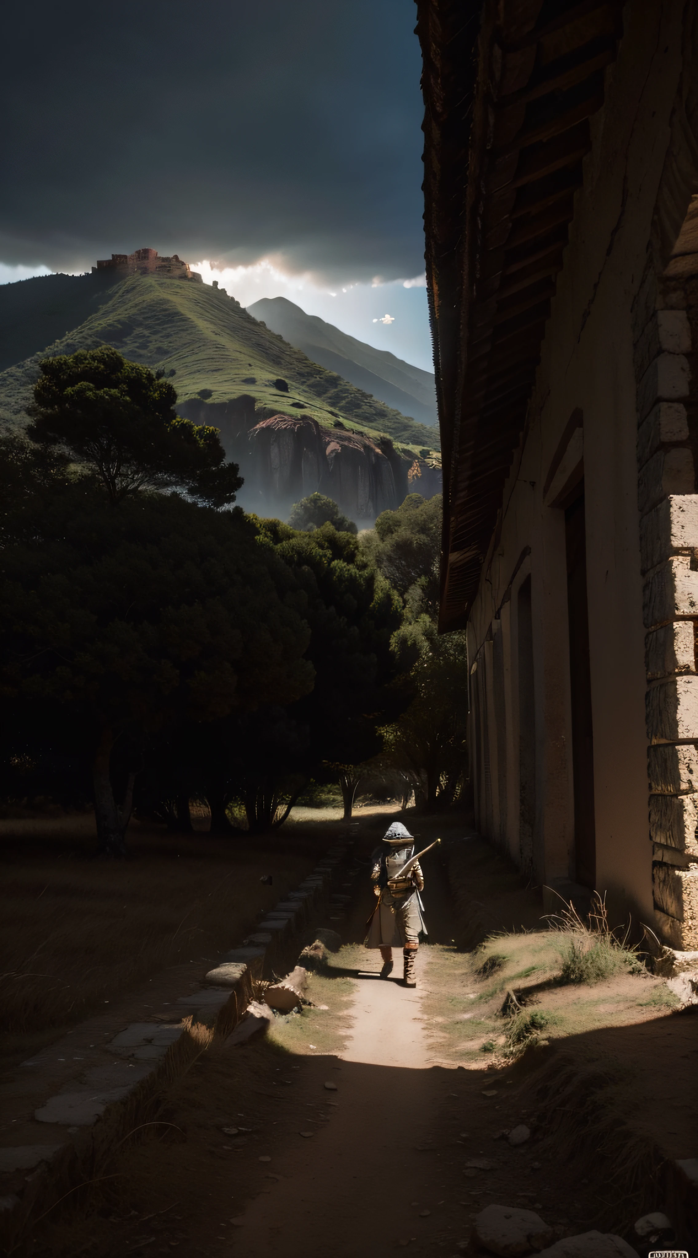 (extremadamente detallado, obra maestra, La mejor calidad, foto antigua, principios de siglo, epic scenery) soldado estilo ciberpunk, armadura robotica, mask, cables, tornillos, luces rojas, paisaje de ruinas. plano cercano. manchas. Caravaggio-style lighting. tenebrismo-