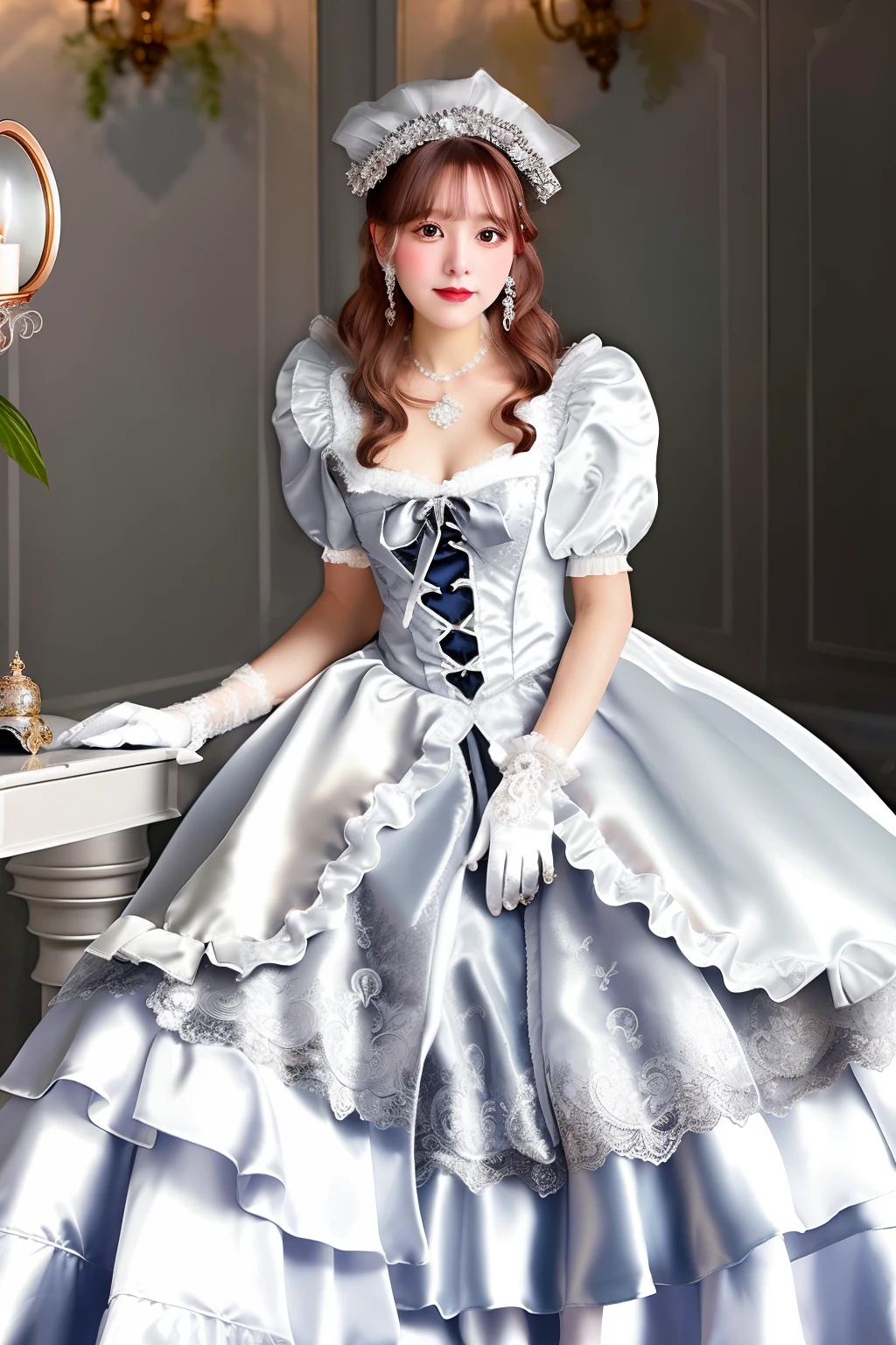 Close up portrait of woman in silver satin dress and white satin gloves, rococo dress, rococo queen, Victorian silver dress, rococo ruffles dress, dress in the style of rococo, fantasy dress, Lolita style, ethereal fairy tale, Icy Silver Dress, victorian dress, Lolita Fashion, magical dress, Full dress, fairycore, Belle Delphine