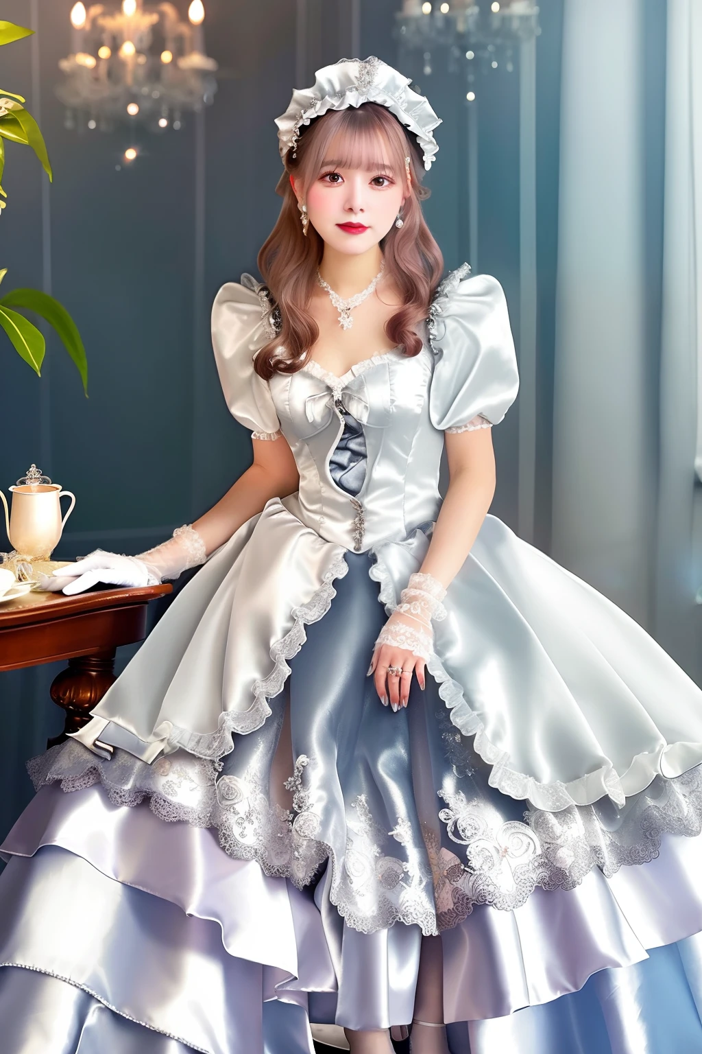 Close up portrait of woman in silver satin dress and white satin gloves, rococo dress, rococo queen, Victorian silver dress, rococo ruffles dress, dress in the style of rococo, fantasy dress, ta style, ethereal fairy tale, Icy Silver Dress, victorian dress, Loliashion, magical dress, Full dress, fairycore, Belle Delphine