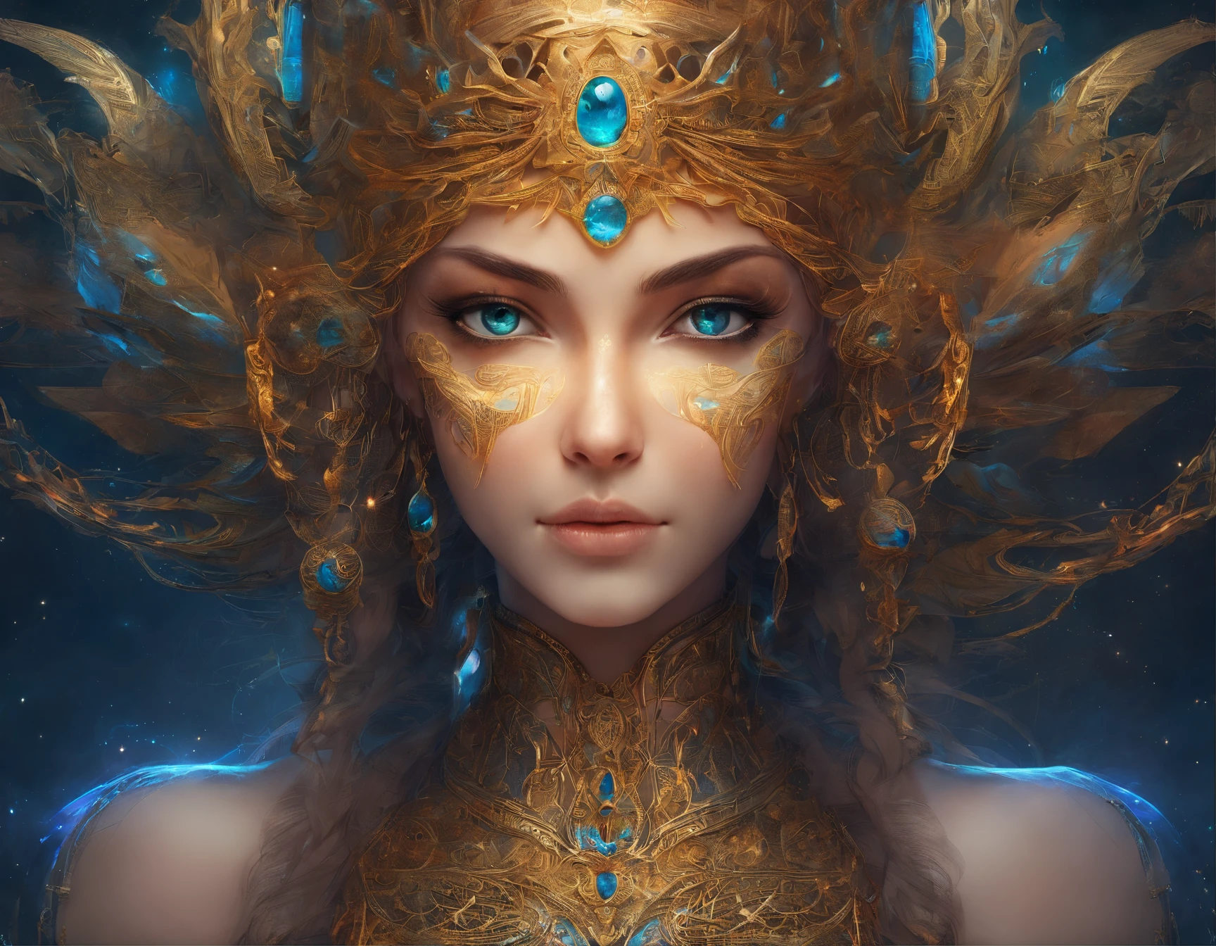 (best qualtiy,ultra - detailed,Most Best Illustration,Best shadow,tmasterpiece,A high resolution,professionalartwork,famousartwork),Detailed eyes,beautidful eyes,closeup cleavage,up body, sci-fy,colored sclera,Robot eyes,face markings,Tattooed with,(fractalized,Fractal eyes),largeeyes,Wide eyes,(Eye focus),sface focus,Cosmic eyes,Space eyes,Close-up of metal sculpture of a woman with a nebula in her hair,goddes。extremly high detail,3 d goddess portrait,Extremely detailed footage of the goddess,a stunning portrait of a goddess,Side image of the goddess,portrait of a beautiful goddess,Full body close-up portrait of the goddess,hecate goddess,portrait of a norse nebula goddess,goddess of space and time, center potrait, girl pose ( pinterest ), dark suits