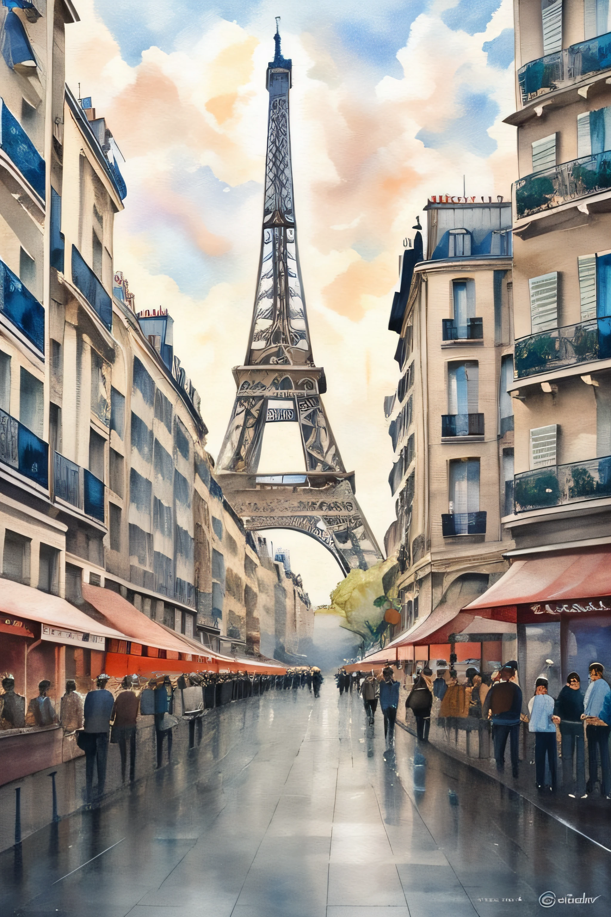white and black painting of a city with a busy street, Eiffel tower in view, in the style of contemporary collage, (( Paris )), street caffee, peoples, , album covers, fluid, high detailed, masterpiece of watercolor painting, relief, Very detailed.