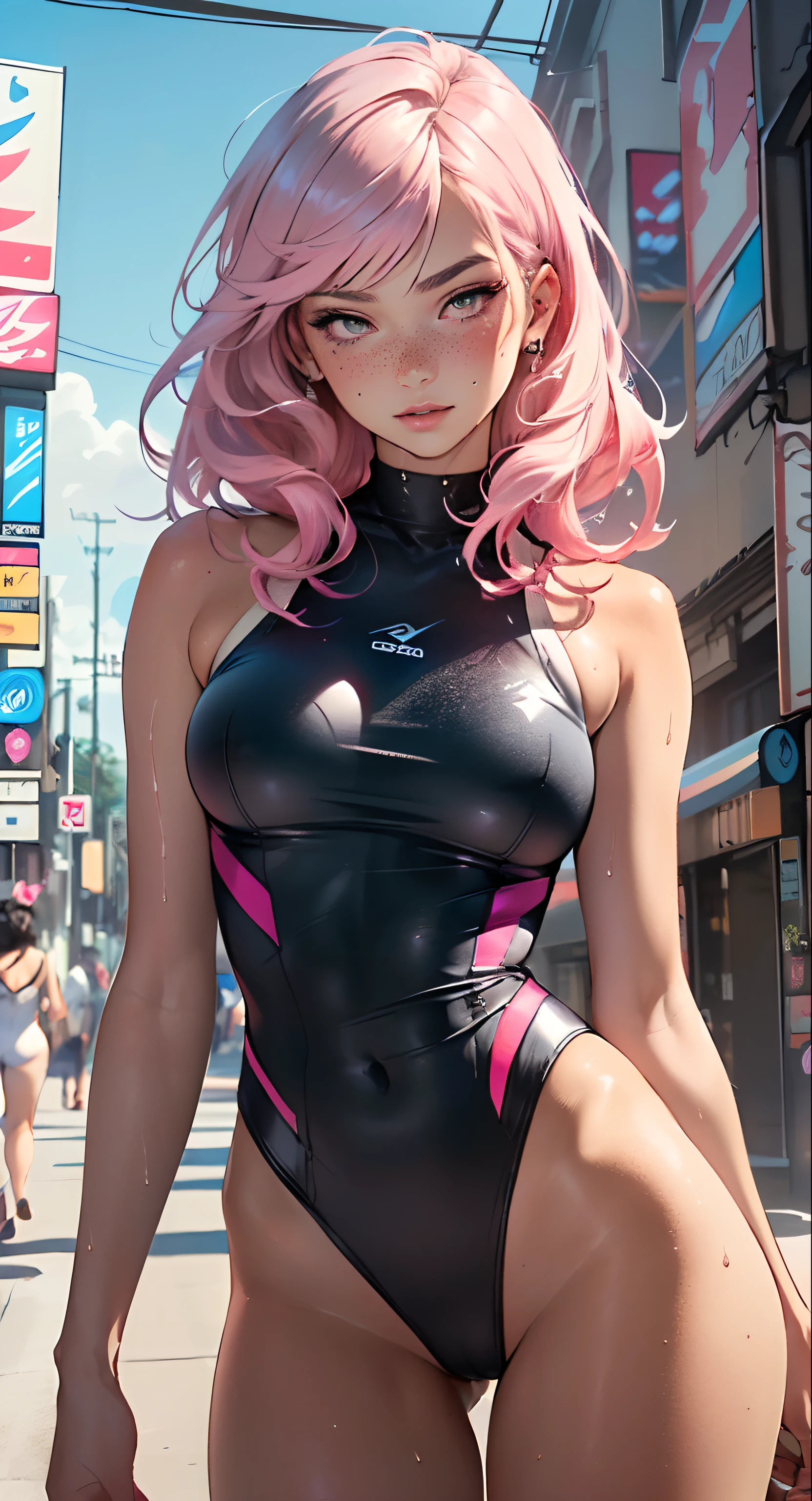 sporty girl,(((1girl))),((girl with bubblegum pink hair and freckles,extremely cute and gorgeous)),

(large breasts:1.4),saggy breasts,(((bubblegum pink hair:1.35,straight hair,long hair:1.4,colored inner hair,ear breathing))),((heterochromia:1.5,eye1 pink,eye2 azul,perfect eyes,upturned eyes:1.3,beautiful detailed eyes,finely detailed beautiful eyes:1,big highlight on eyes:1.2,slanted eyes)),((fat)),(((freckles on the face,freckles,freckled girl))),(((lustrous skin:1.5,bright skin: 1.5,skin tanned,shiny skin,very shiny skin,shiny body,plastic glitter skin,exaggerated shiny skin,illuminated skin, wet legs))),(spider lower abdomen,narrow waist,wide hip,athletic body,inflated legs,delicate detailed fingers,detailed body,human hands,(detailed face)),

cute,slutty,seductive,erotic,(((nsfw))),

((one-piece_swimsuit white , pink accents, wearing a one-piece_swimsuit outfit:1.3, white swimsuit:1.3)),((wet clothes,detailed outfit,detailed clothes)),

(dynamic pose:1.0),embarrassed,(centered,scale to fit dimensions,Rule of thirds),

cyberpunk city by the ocean at night, with bright neon signs and dark stormy clouds and puddles,

High resolution, sharp focus, (ultra detailed, extremely detailed), (photorealistic artwork:1.37), 8k wallpaper,((synthwave background theme)),(((vibrant colors,))),(intricate),masterpiece,(best quality),synthwave neon colors,