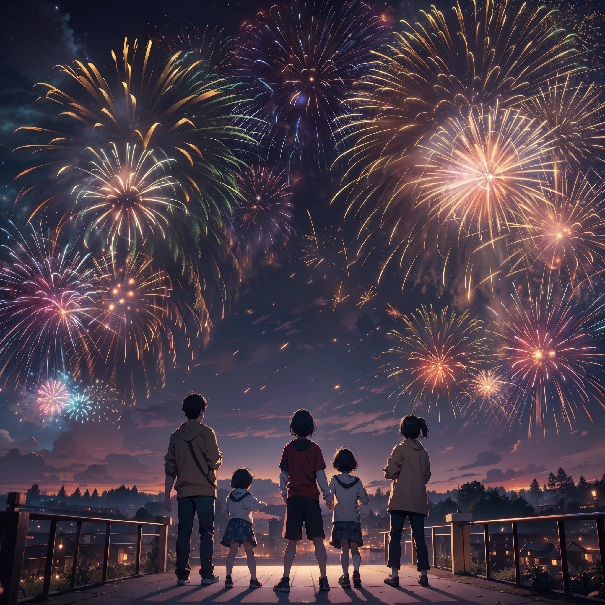 Spectacular fireworks display. The fireworks are huge,Four generations together,Family warm,(Giant fireworks 1 with dazzling dazzling eyes.5)(Warm atmosphere1.3)(The night is full of stars1.2)Real Human,cinematic Film still from,Super realistic,Movie promotional poster,Super light and shadow,Super textured,(Ultra-wide angle to watch fireworks bloom1.5)Extreme light chasing