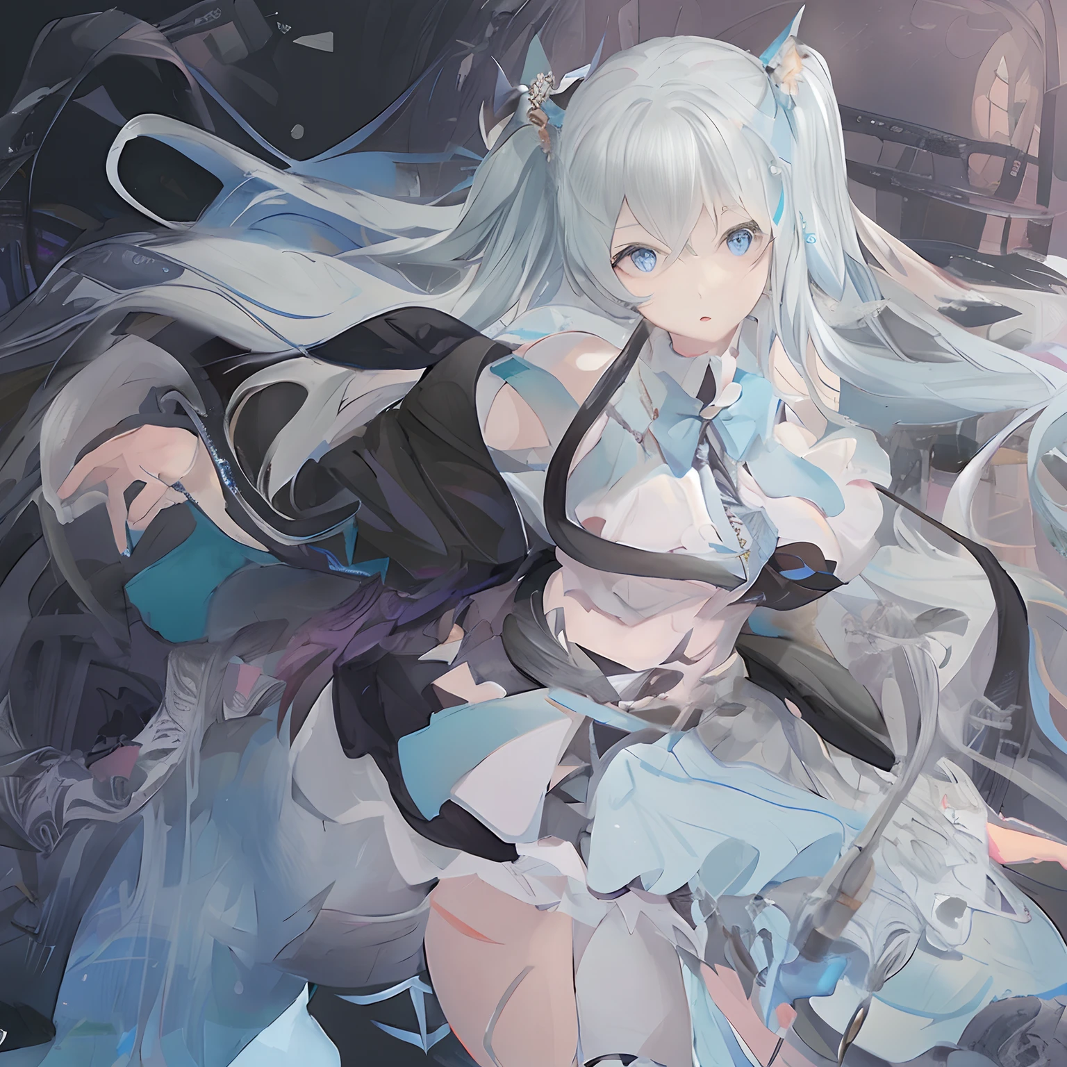 Let's start with a base illustration of a young female character.
Adjust hair color to Hatsune Miku's iconic turquoise blue.
Styling hair very long, Reach below the waist, With twin tails. Twin tails are evenly balanced、Make sure the top is wrapped properly.
Gives hair a shiny look and slightly voluminous texture.
Big and young々Creates a cute expression, Expressive eyes. Eye color should be a bright blue shade.
Give her a characteristic slim and petite body frame.
Remove the distinctive outfit consisting of a sleeveless top, tie, and pleated skirts. Include teal and black shades in the color scheme.
Include signature accessories such as futuristic headsets, microphone, Removable sleeve.
Optionally, Add knee-high boots or thigh-high socks in matching tones.
Provide a backdrop that complements aesthetics, Futuristic cityscape, concert stage with colorful lights, etc..
Due to the complexity of the instructions、Be careful, It can be difficult for AI to accurately generate images based on the exact specifications provided.
Draw in sketch style, Similar to Idea Sketch.
Drawings that look like they were drawn with a pencil. Messily drawn drawings. Hesitantly drawn picture.Soft joints - dancer's joints - dramatically twist the hips - do not use black for contours - pink illumination - lowering the gaze - slender eyes - puffy cheeks, - visible abdominal skin - hair color is light blue - hair does not turn green - light pastel colors for contours.