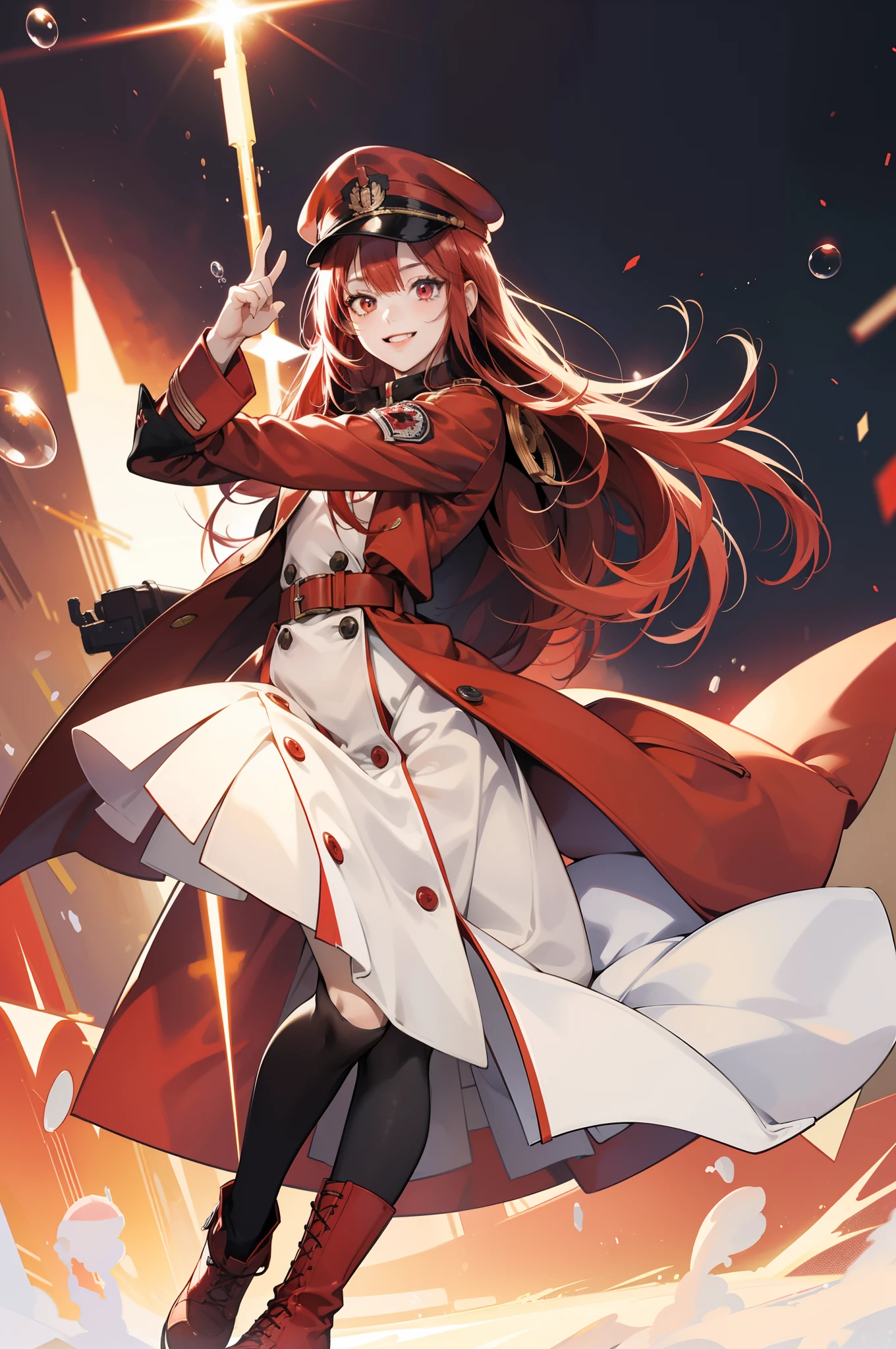 zero two, red and white military cap with a matching overcoat and boots, smiling face, office background, random pose, best quality, military element increase, bubble effect, masterpieces, light make up, a pair of small red horn, perfect body shape, red hair, sharp red pupil, 4k wallpaper quality