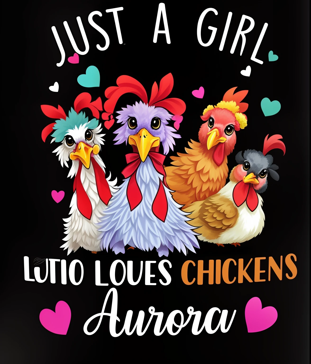 a black mug with three chickens and hearts on it, chickens, anthropomorphized chicken, cute girls, auroracore, with chicks, by Minerva J. Chapman, awwwww, with a black background, female fursona, aww, by Julia Pishtar, rooster!!!!, just a cute little thing, lol, with a black dark background