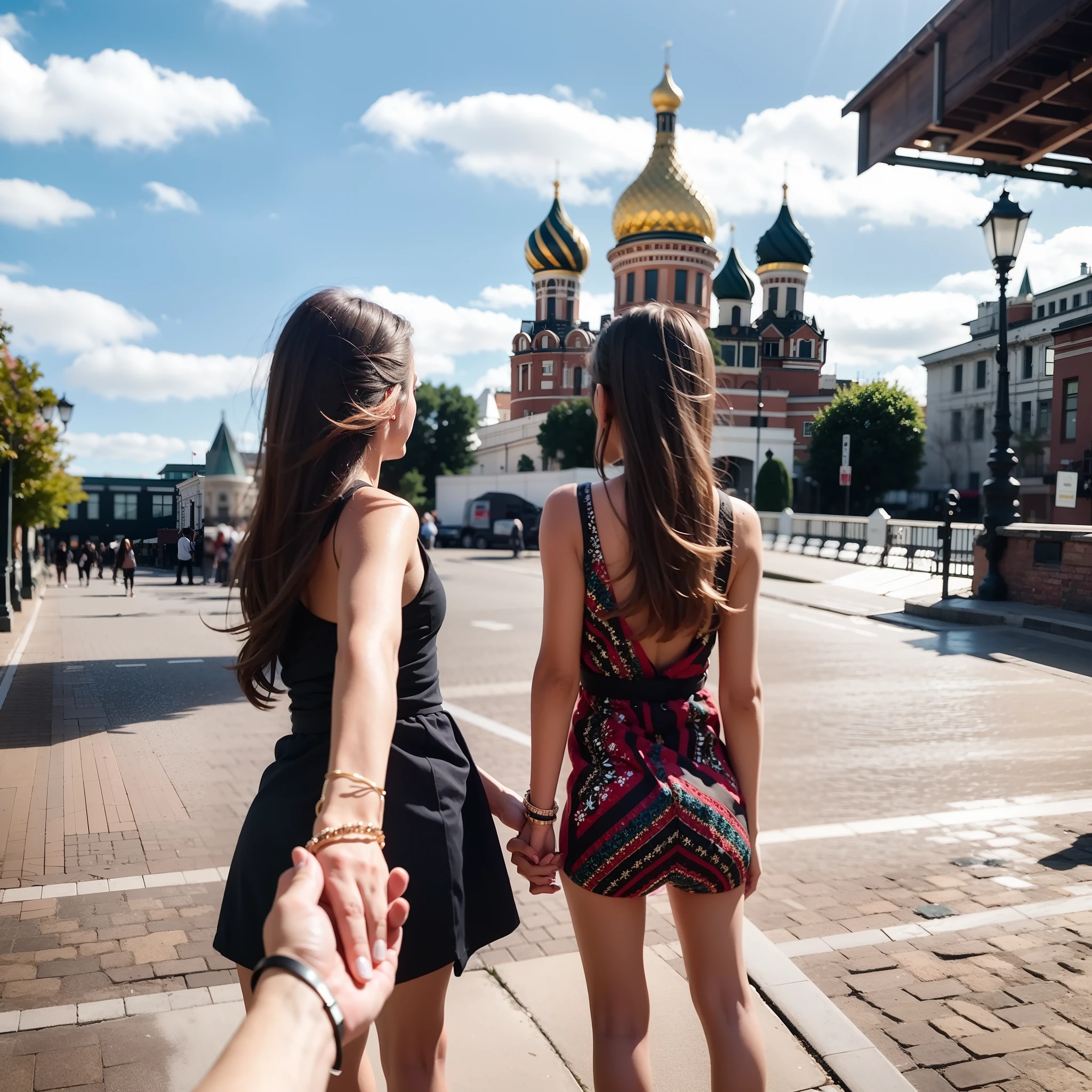 1girll，ultra - detailed，A high resolution，tmasterpiece，By_Style，bf_Holding_Hands，1 Girl holding hands with audience，Take a walk next to the Taj Mahal in India